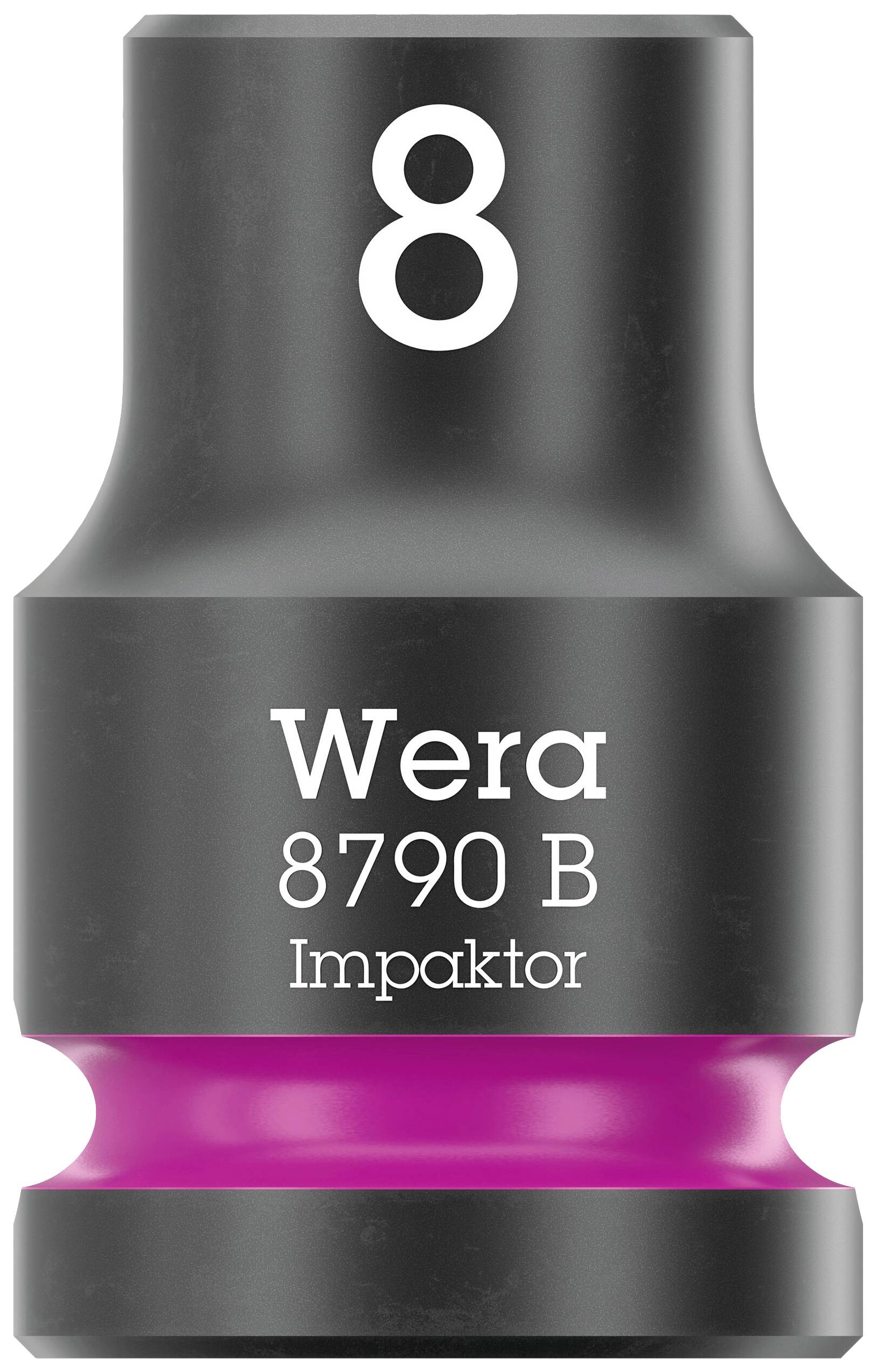'Image d'un embout de clé à chocs Wera 8790 B Impaktor de 8 mm, avec un boîtier noir et un anneau rose.'
