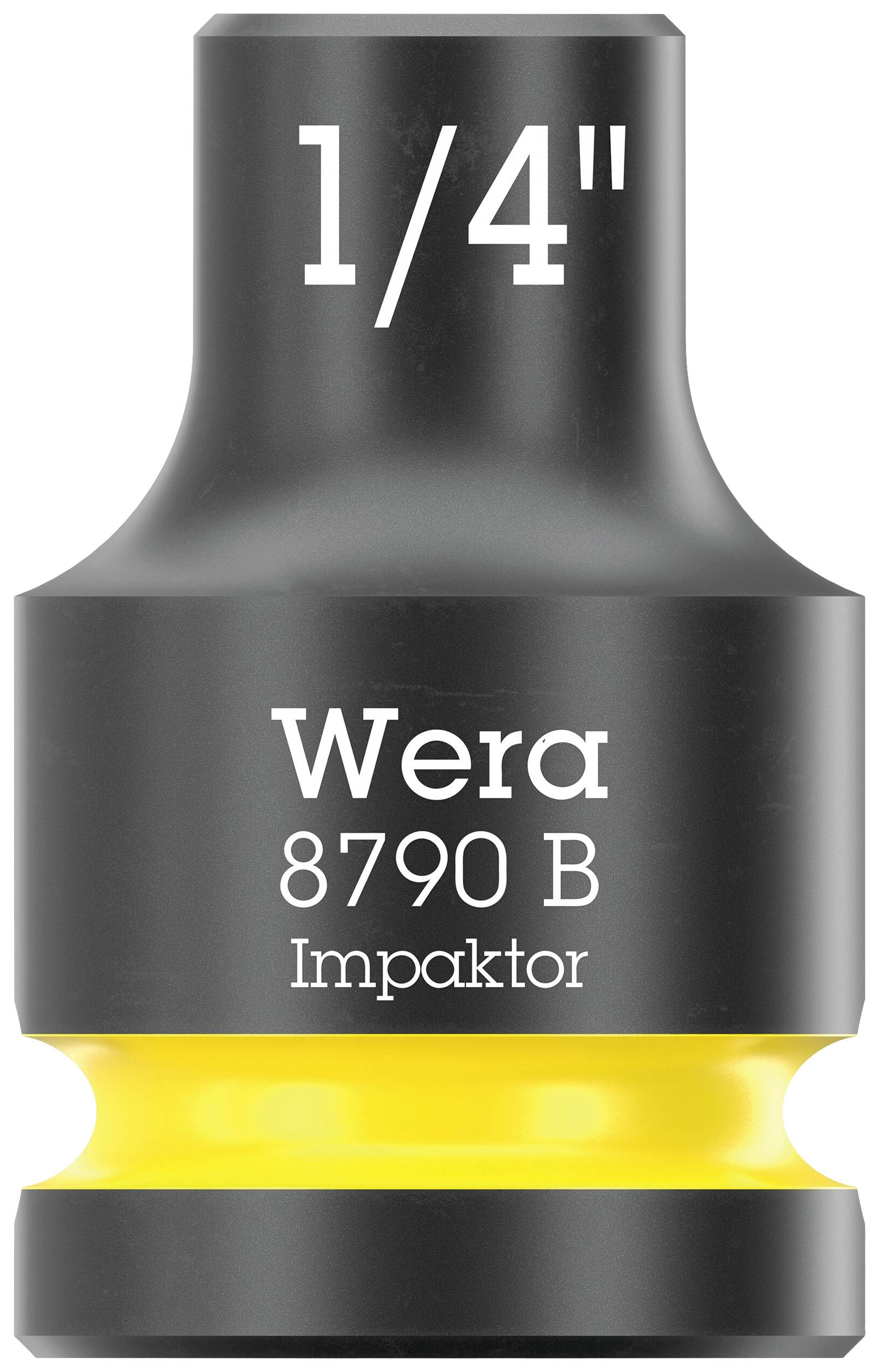 Wera 8790 B Impaktor, douille avec raccord 1/4 de pouce, surface noire avec bande jaune, conception robuste pour des charges élevées.