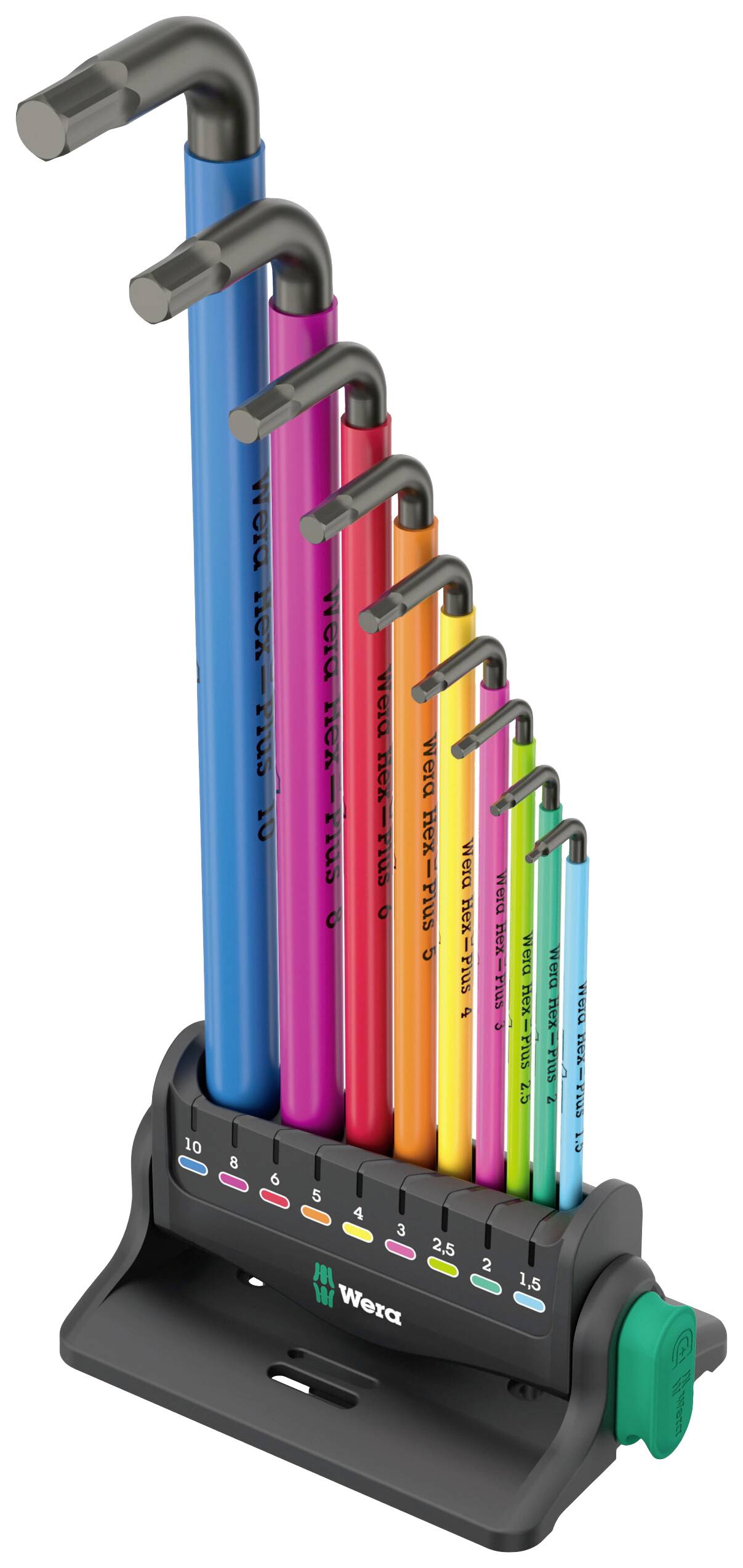 L'image montre un ensemble de clés Allen de différentes couleurs et tailles, rangées dans un support noir.