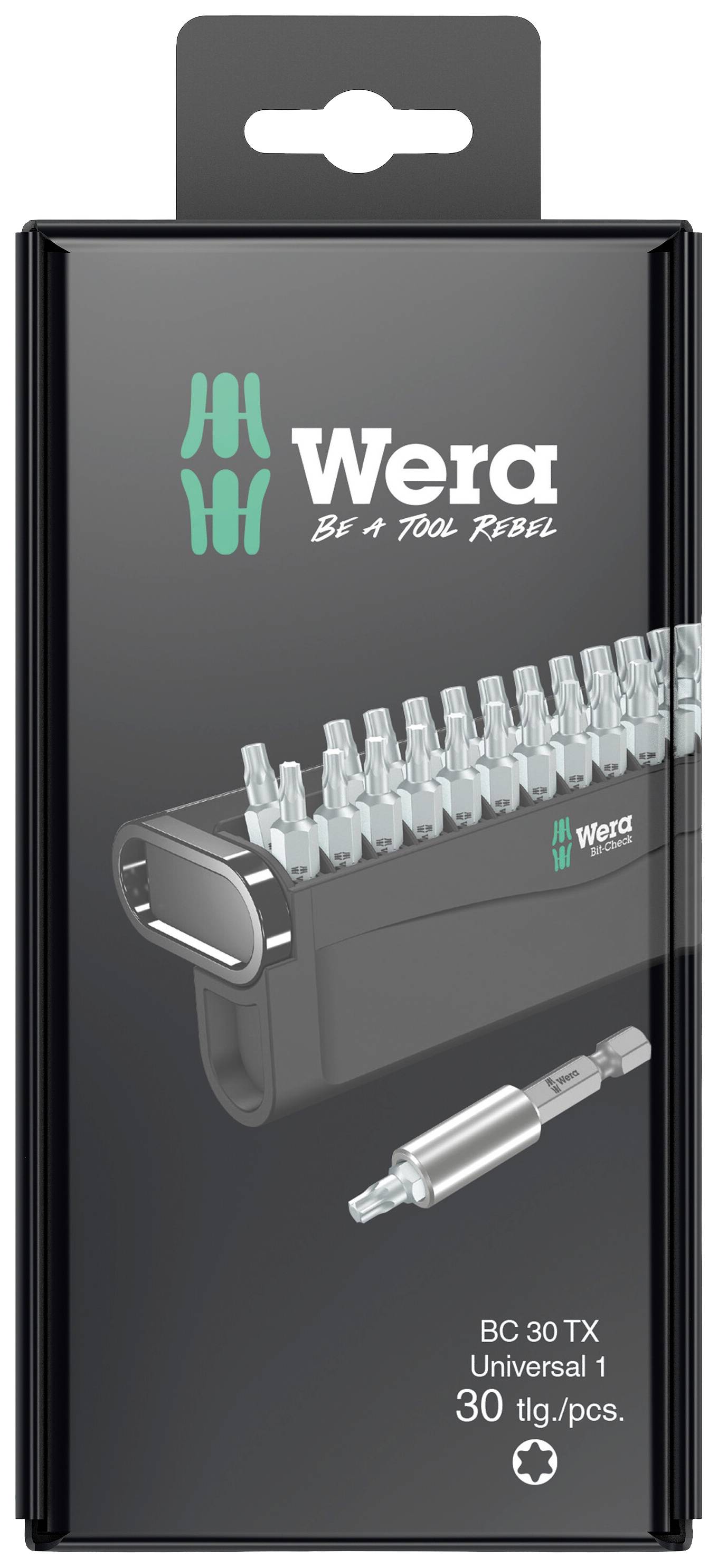 Emballage d'un coffret d'embouts Wera de 30 pièces, avec le logo de la marque et le slogan 'Be A Tool Rebel', présentant des embouts et un adaptateur.