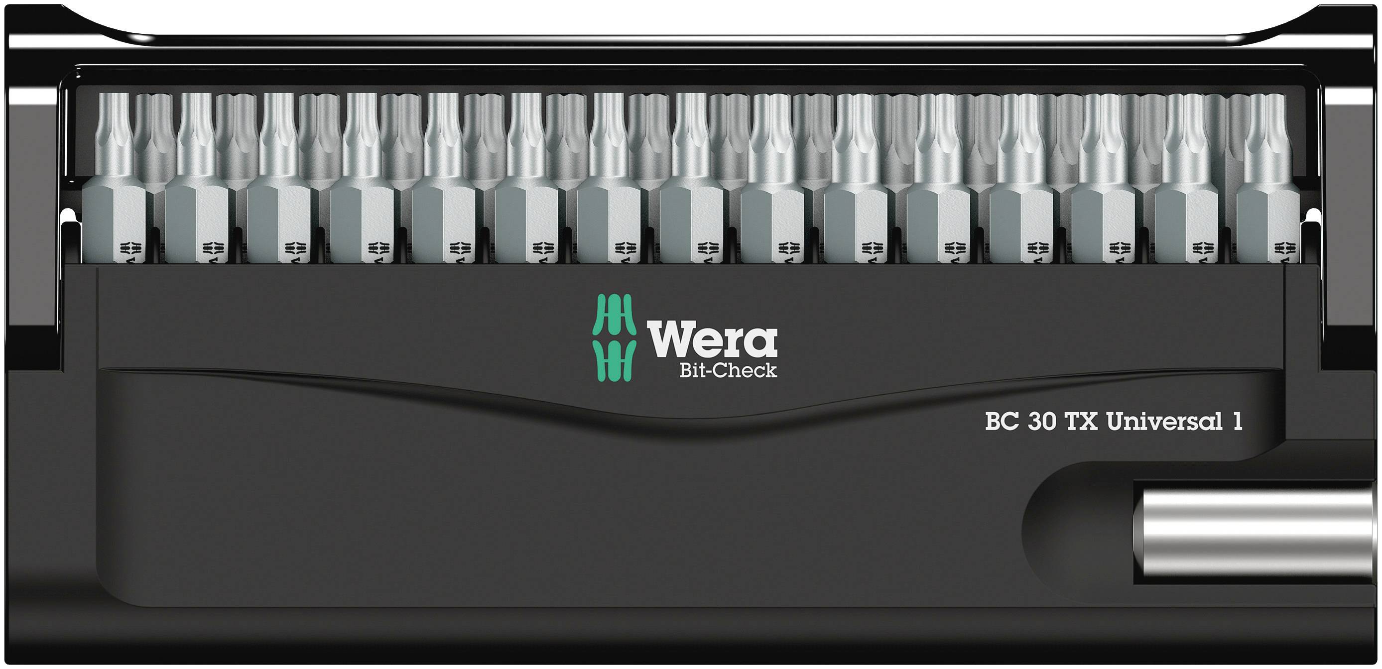 Un set de 30 embouts de tournevis Wera Bit-Check BC 30 TX Universal dans un boîtier compact noir.