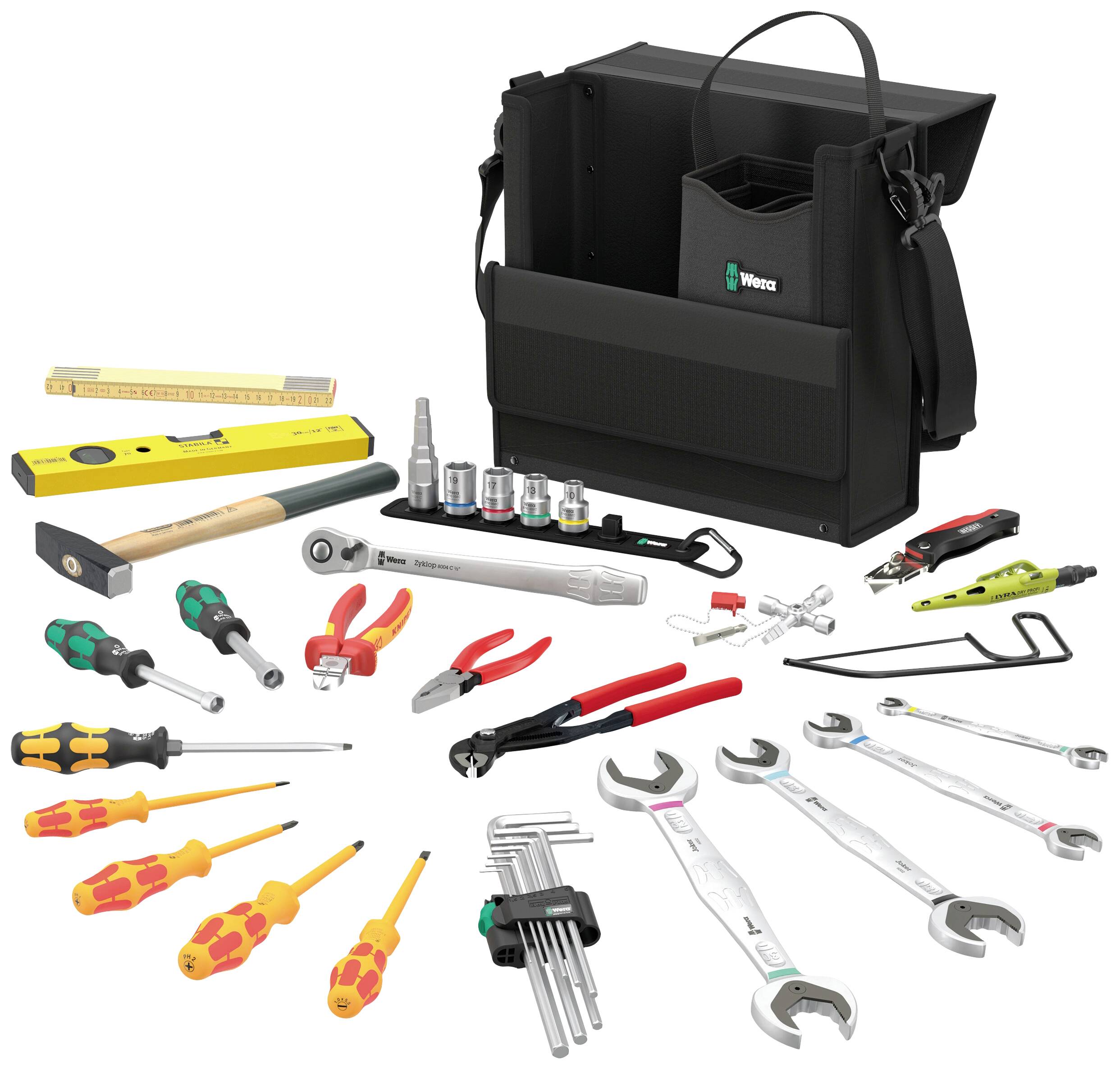 Trousse à outils contenant divers outils manuels tels que tournevis, marteau, pinces, clés et mètre, prête pour des travaux artisanaux.