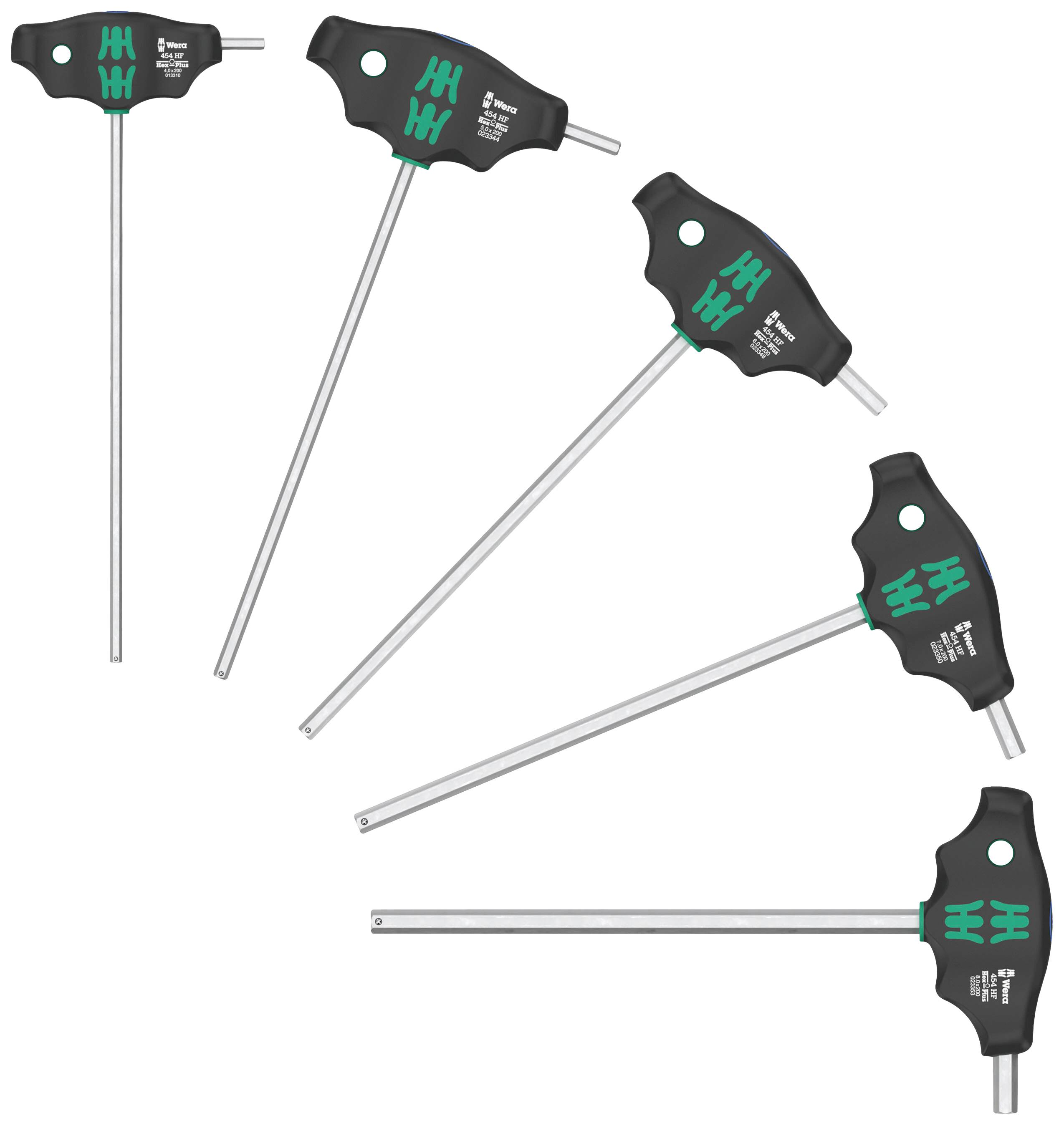 Cinq clés hexagonales à poignée en T noires avec des accents verts, de longueurs différentes ; ensemble d'outils pour l'utilisation sur des vis.