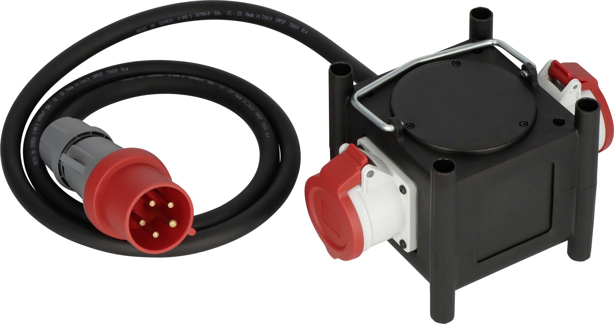 Boîte d'adaptateur électrique noir industriel avec câble enroulé attaché et connecteurs à fiches multiples rouges sur fond blanc