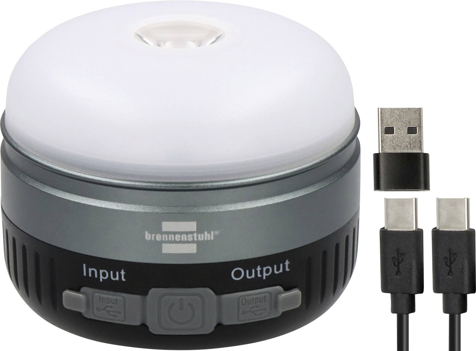 Lanterne portable alimentée par USB avec dôme diffuseur, ports d'entrée/sortie et deux câbles de charge inclus