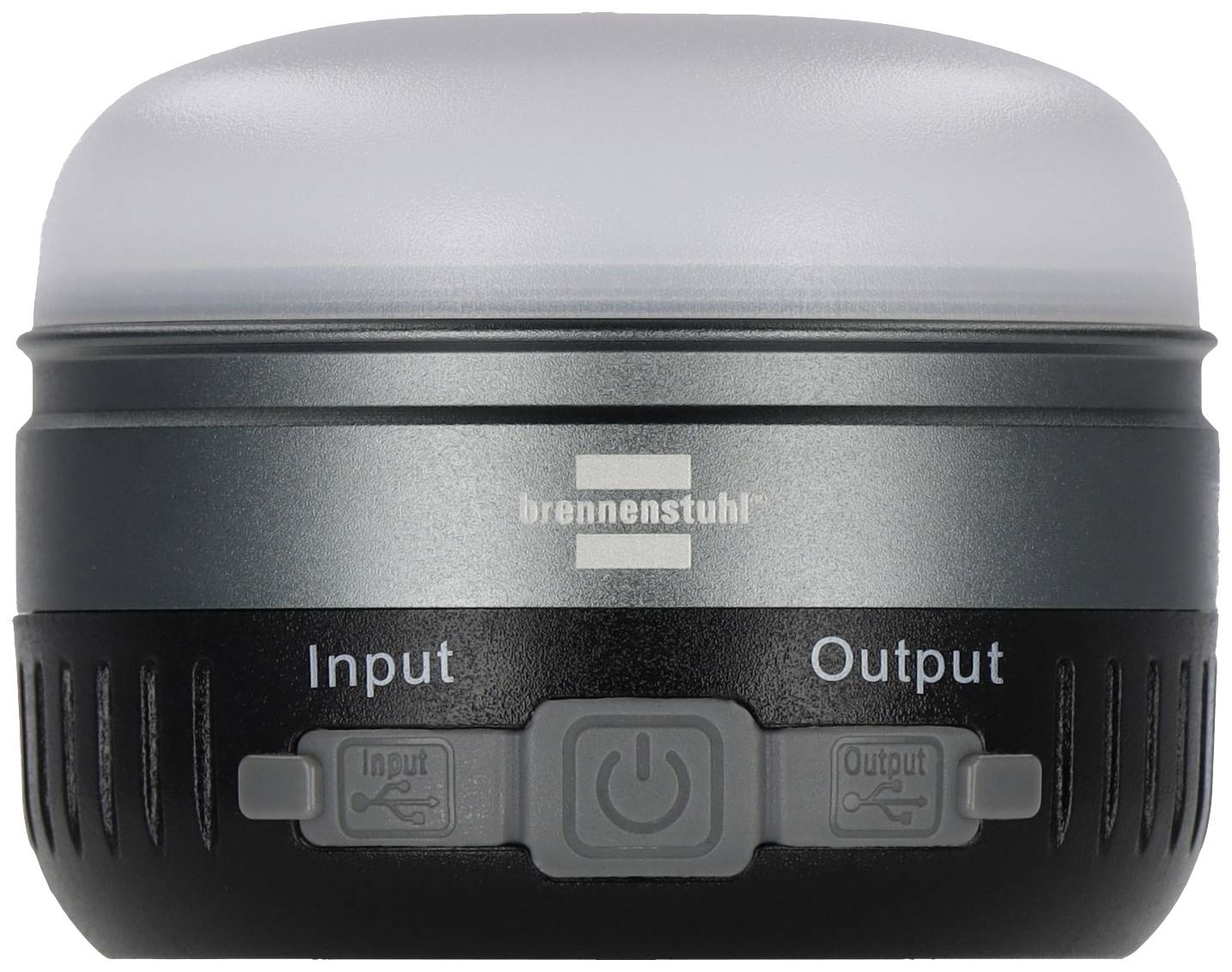 Une lampe LED portable ; noire avec un bord argenté, montrant les connexions 'Input' et 'Output' et un interrupteur marche/arrêt sur sa face inférieure.