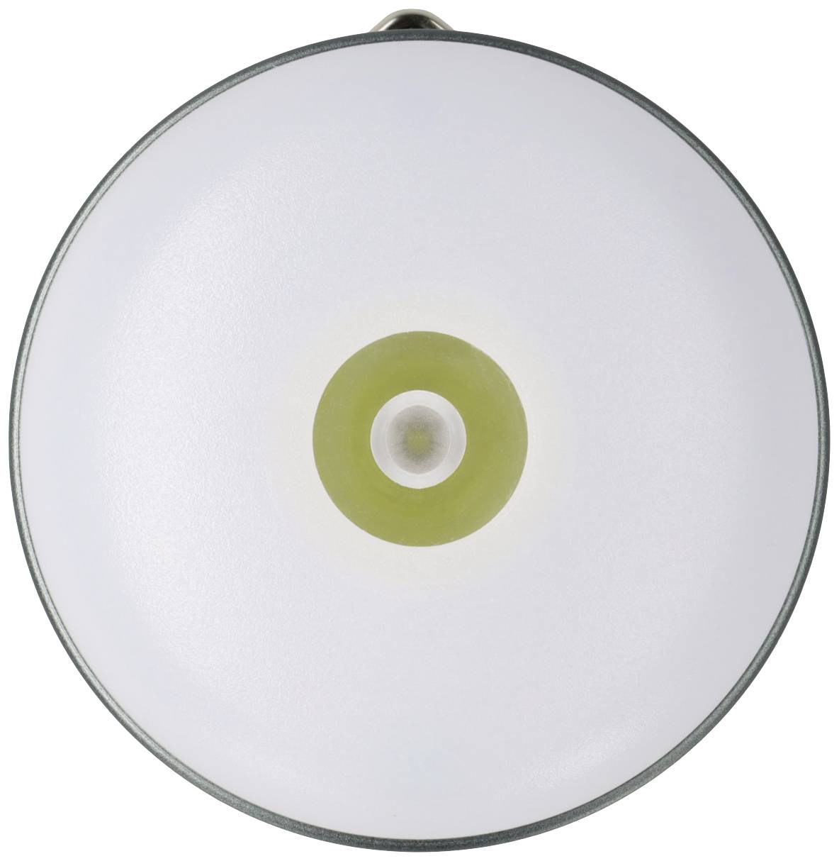 Objet circulaire avec un bord extérieur lumineux et un cercle vert foncé au centre, ressemblant à une lampe ou un luminaire rond.