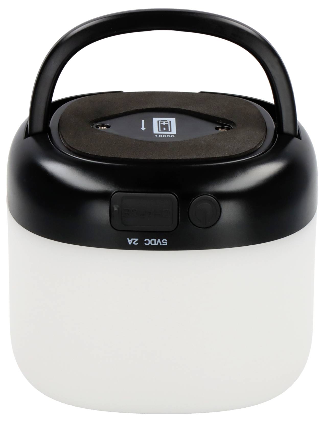 Lanterne de camping noire avec poignée, boîtier rond et partie inférieure lumineuse blanche, adaptée aux activités de plein air.