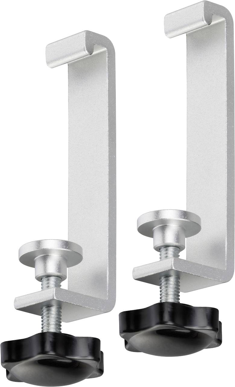 Deux supports de serrage en métal argenté avec des boutons de serrage noirs, présentés côte à côte sur un fond blanc.