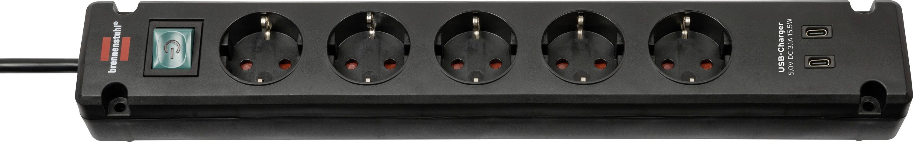 Multiprise noire à six prises avec un interrupteur marche/arrêt rouge, une étiquette de protection contre les surtensions et deux ports de charge USB sur la droite.