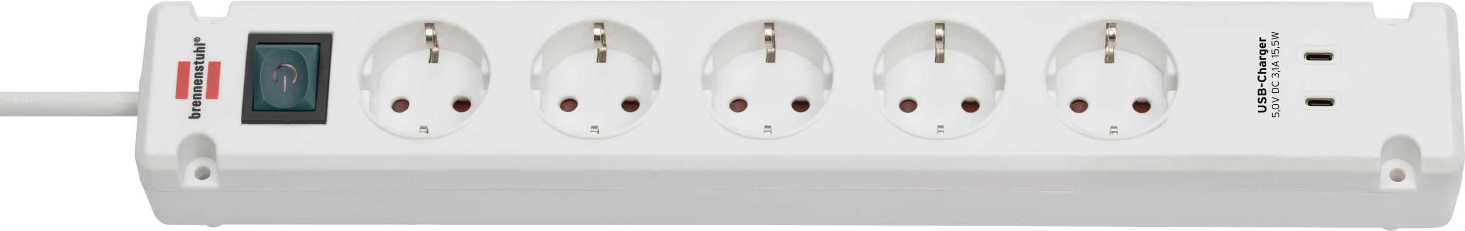 Bloc d'alimentation blanc avec quatre prises de courant de style européen, un interrupteur marche/arrêt rouge et deux ports de charge USB sur la droite.