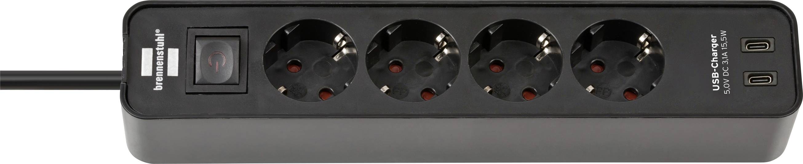 Multiprise noire avec cinq prises rondes, deux ports USB-C et un interrupteur d'alimentation, avec un câble connecté sur la gauche.