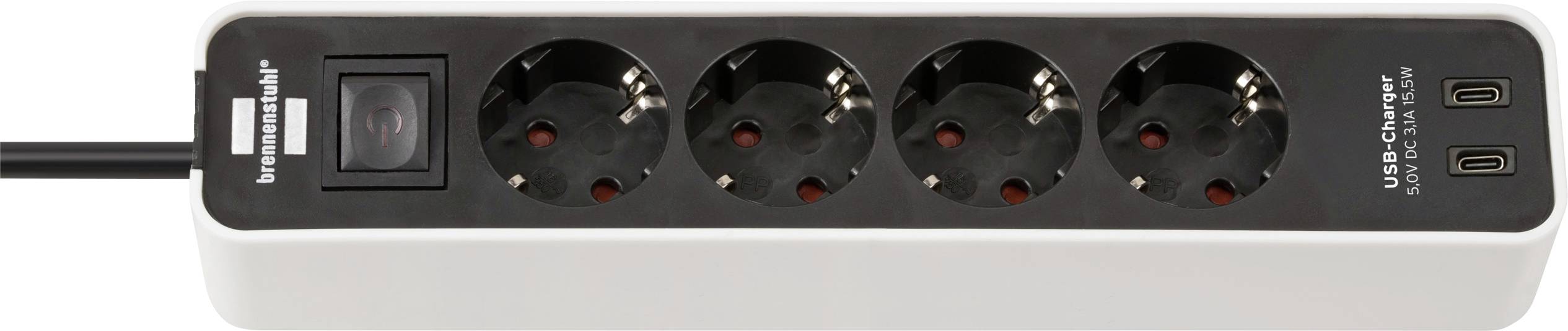 Bloc d'alimentation avec cinq prises rondes, un interrupteur d'alimentation et deux ports de charge USB-C sur l'extrémité droite.