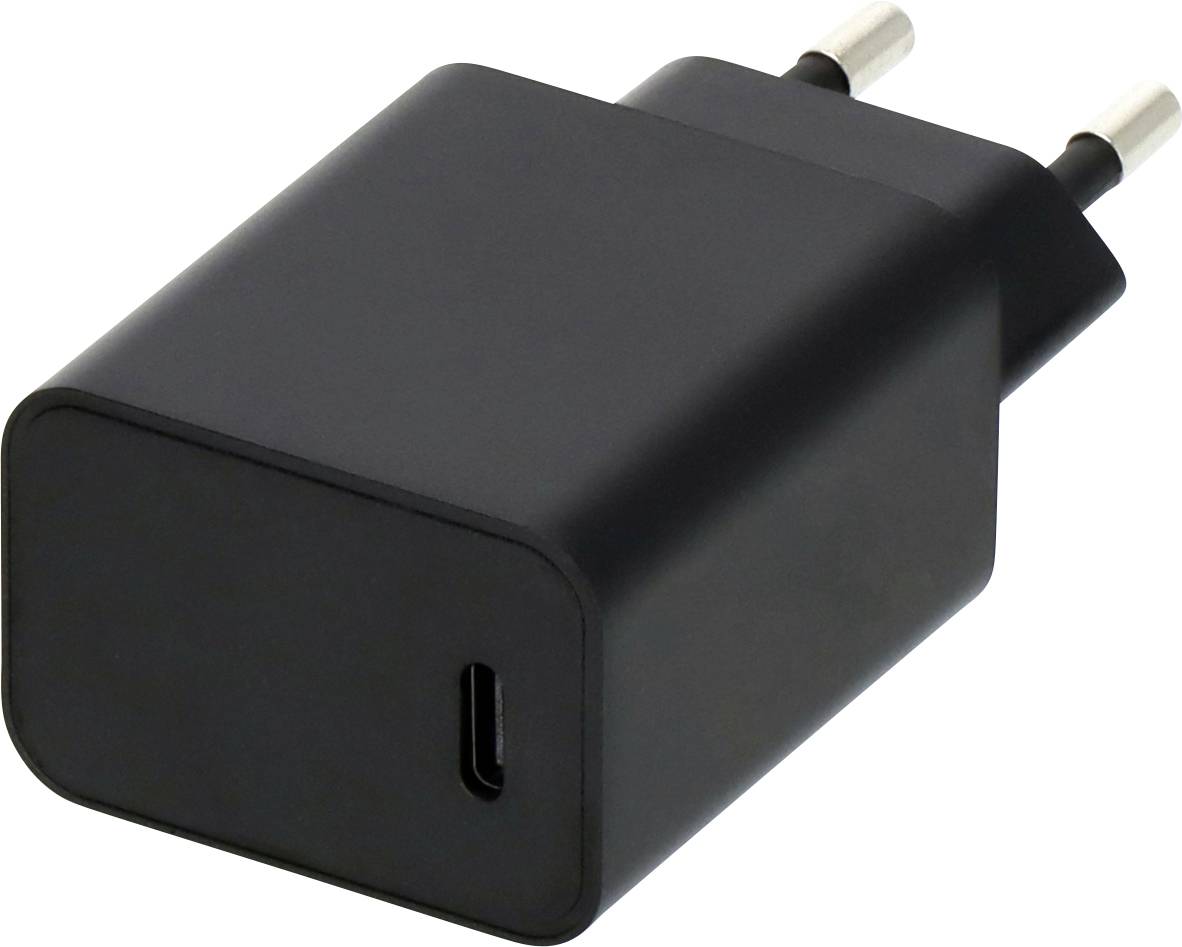 Chargeur mural USB-C noir avec deux broches de prise électrique européenne rondes sur un fond blanc.