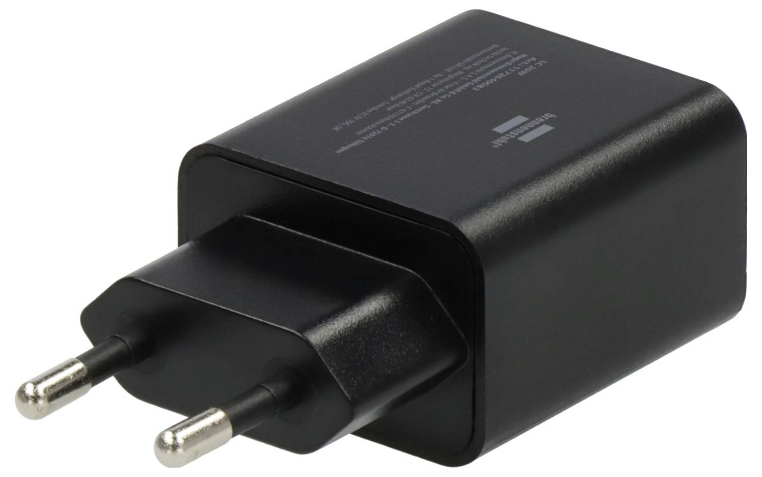 Adaptateur d'alimentation mural noir avec deux fiches rondes de prise européenne.