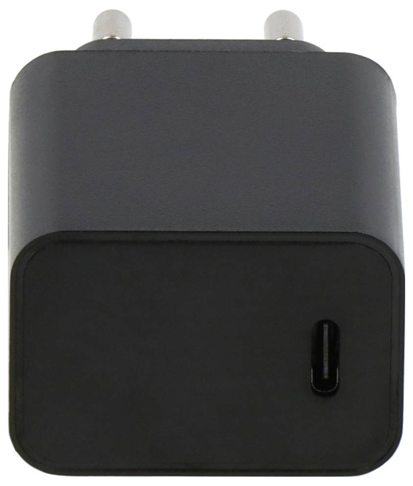 Chargeur mural noir avec deux broches de prise rondes et un port USB-C à l'avant.