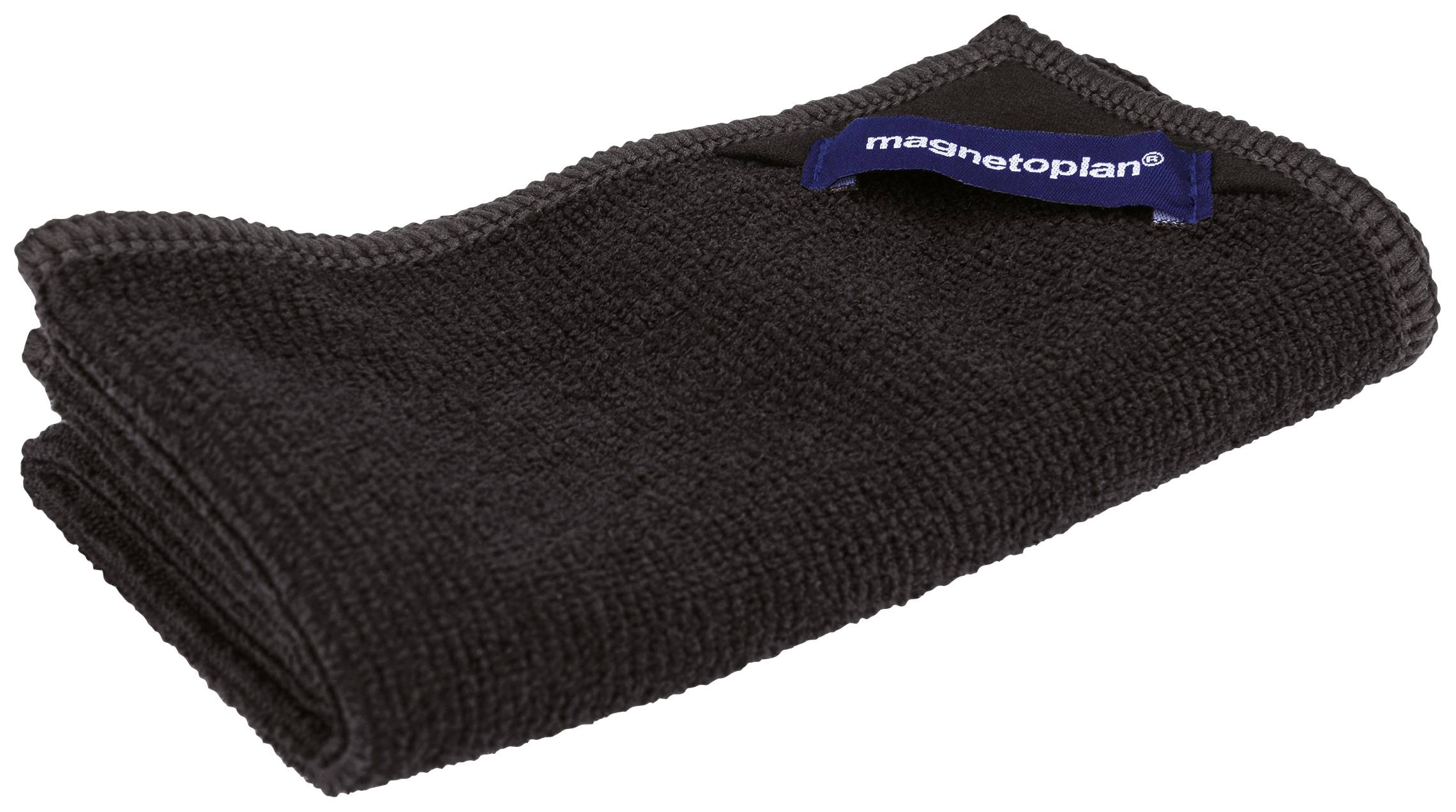 Un chiffon en microfibre noir plié, avec une étiquette bleue portant l'inscription 'magnetoplan'.