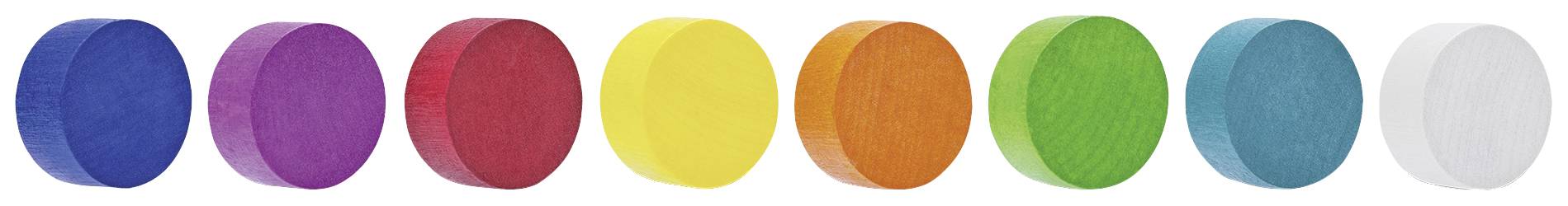 Des morceaux de craie colorés alignés : Bleu, violet, rouge, jaune, orange, vert, turquoise et blanc sur un fond blanc.