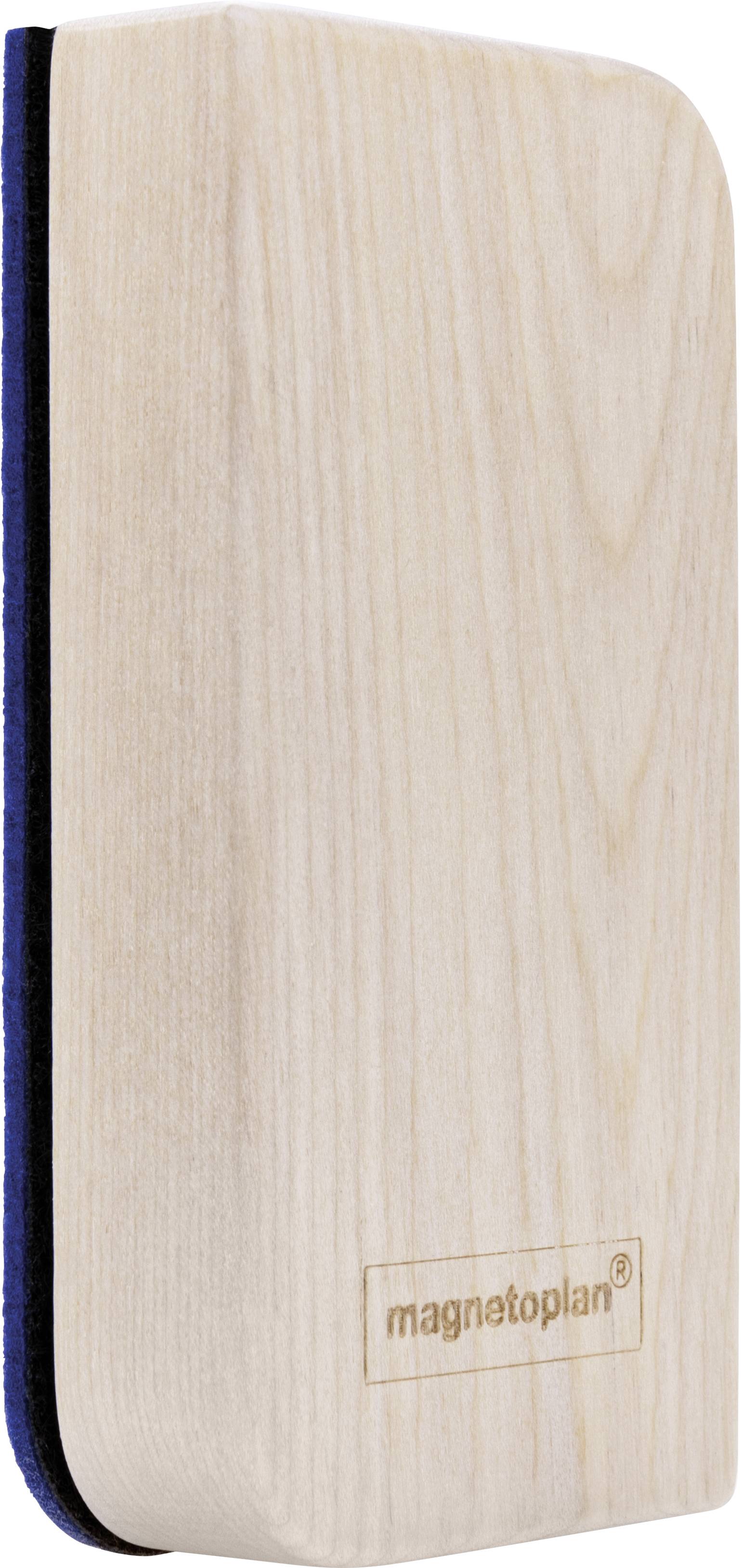 Effaceur de tableau à poignée en bois, positionné verticalement, avec un dessous en feutrine. Logo 'magnetoplan' gravé sur la surface.
