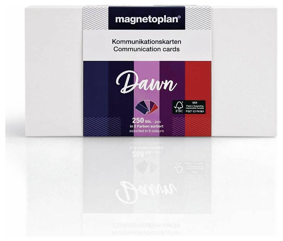 Emballage 'Magnetoplan' contenant 250 cartes de communication en cinq couleurs, nom du produit 'Dawn'.