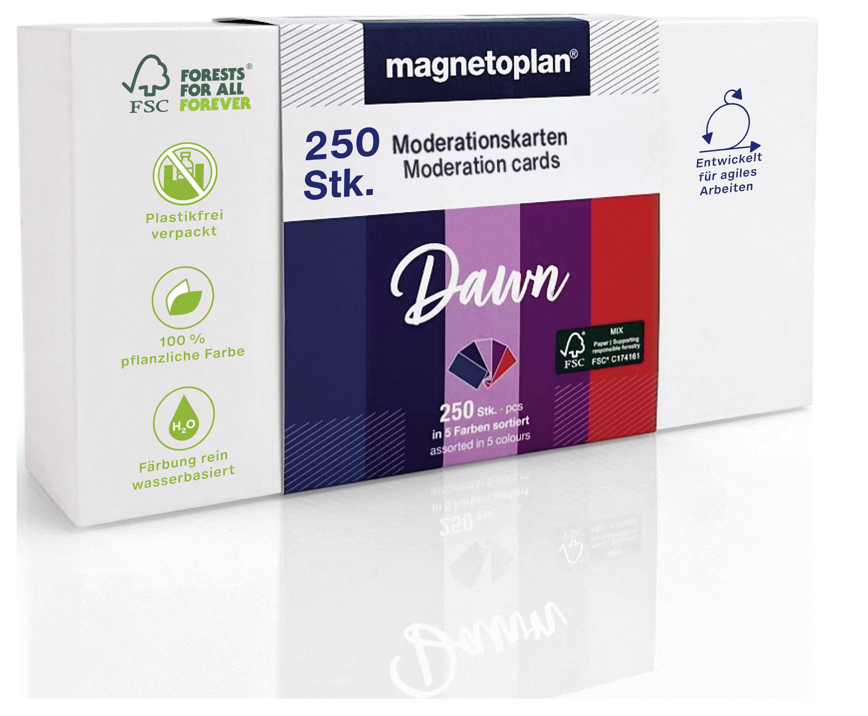 Boîte de cartes de modération 'Magnetoplan Dawn', contenant 250 cartes en 5 couleurs. Caractéristiques incluant un emballage sans plastique et une certification FSC.
