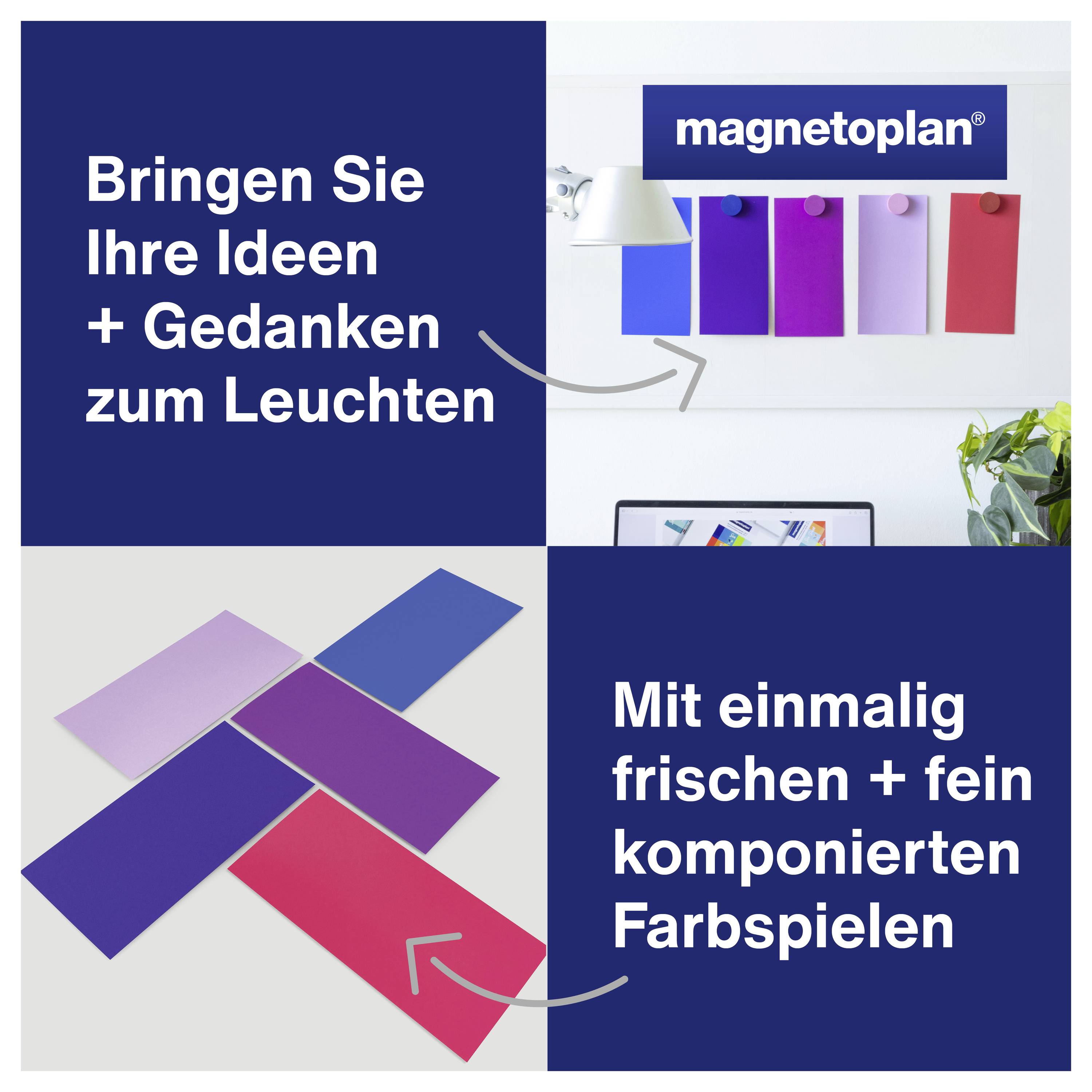 «Faites briller vos idées + pensées avec des jeux de couleurs uniques et finement composés.» Tableaux magnétiques en bleu, violet et rouge.