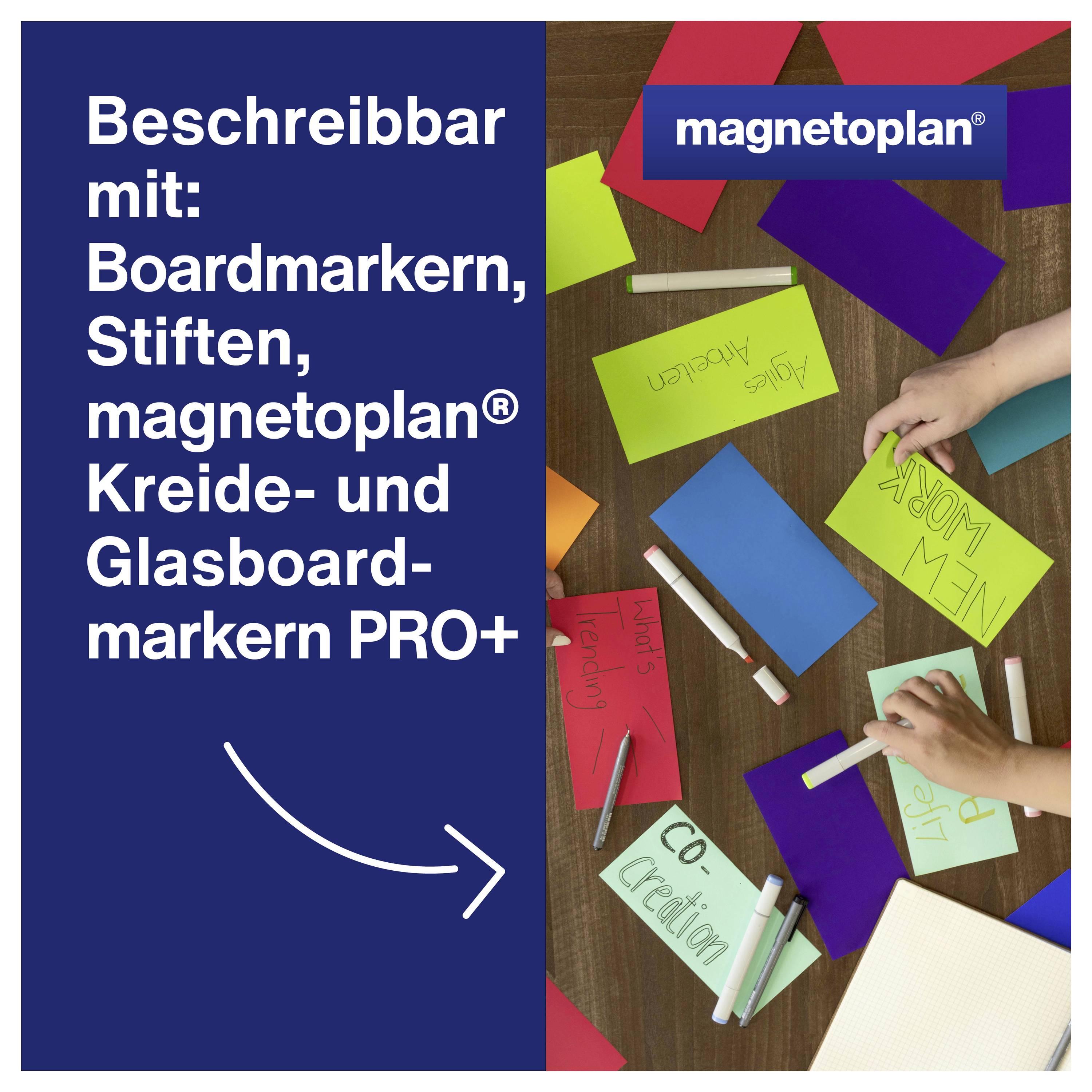 Sur un tableau bleu, il est écrit : « Peut être écrit avec : Marqueurs pour tableau, stylos, marqueurs PRO+ pour tableaux craie et verre magnetoplan® ». En dessous, des notes colorées sont posées sur une table.