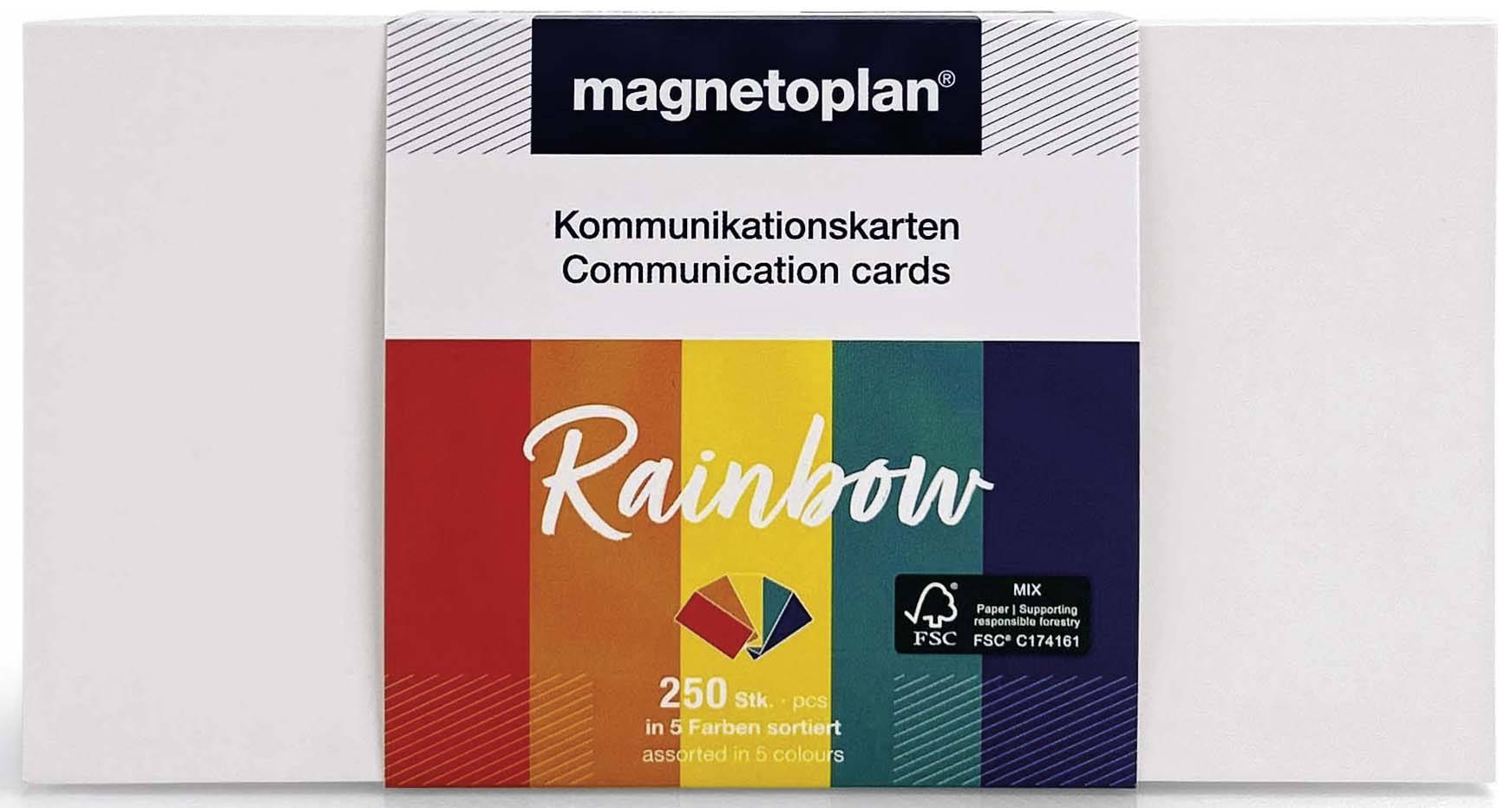 L'image montre un paquet de cartes de communication 'magnetoplan' intitulé 'Rainbow', composé de 250 cartes en 5 couleurs différentes.