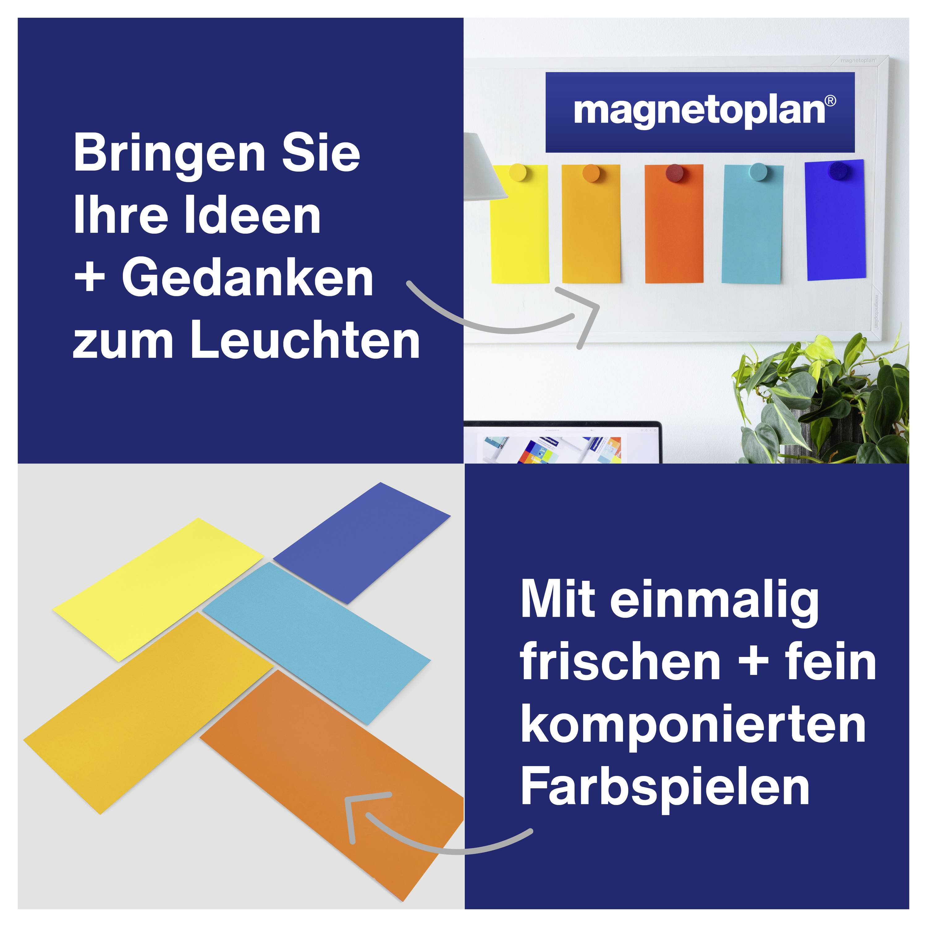 'Magnetoplan' : Des notes adhésives colorées sur un tableau blanc, à côté du slogan 'Faites briller vos idées + pensées'. En dessous, des post-it de différentes couleurs.
