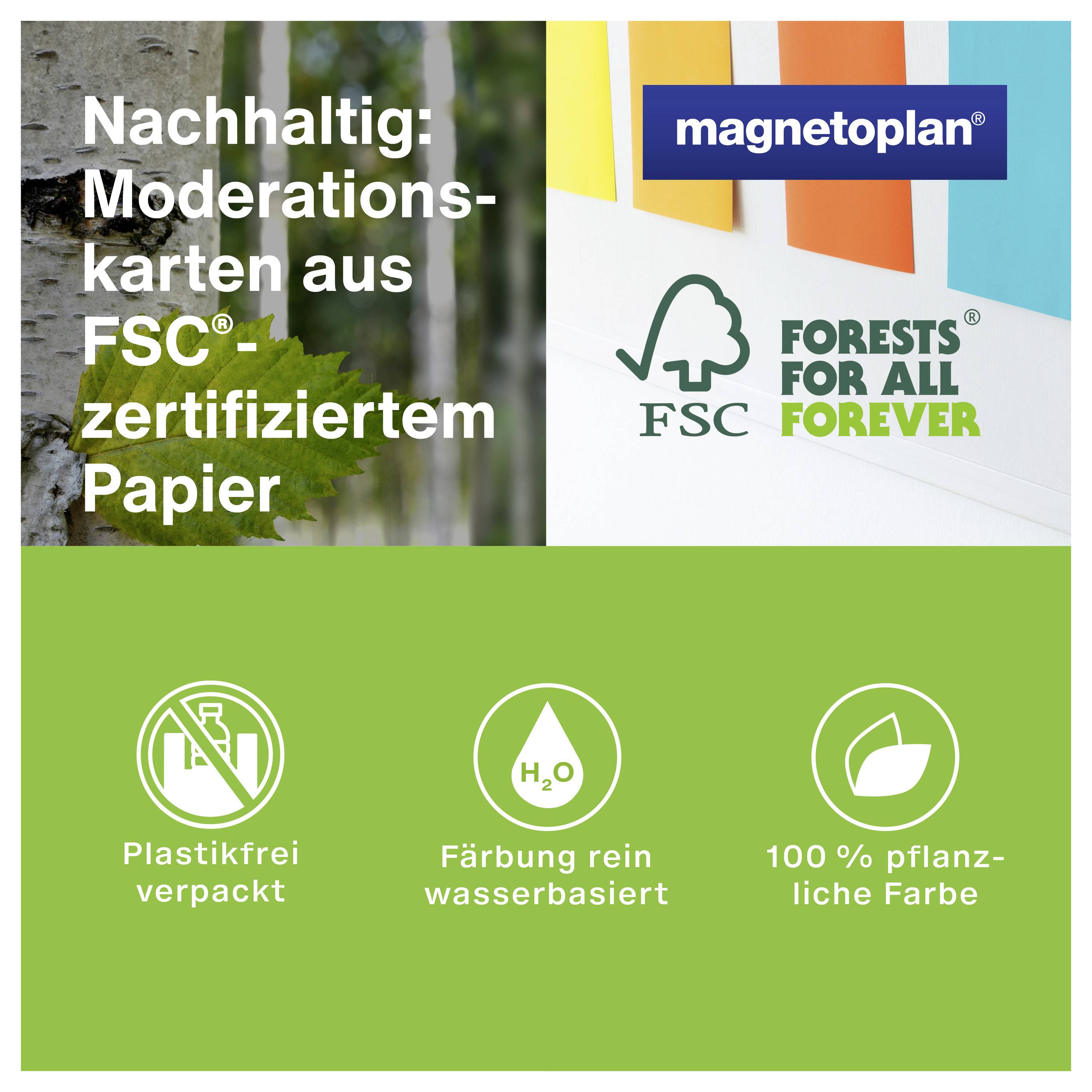 'Durable : Cartes de modérateur en papier certifié FSC. Emballées sans plastique, teinture à base d'eau, 100 % pigments végétaux.'