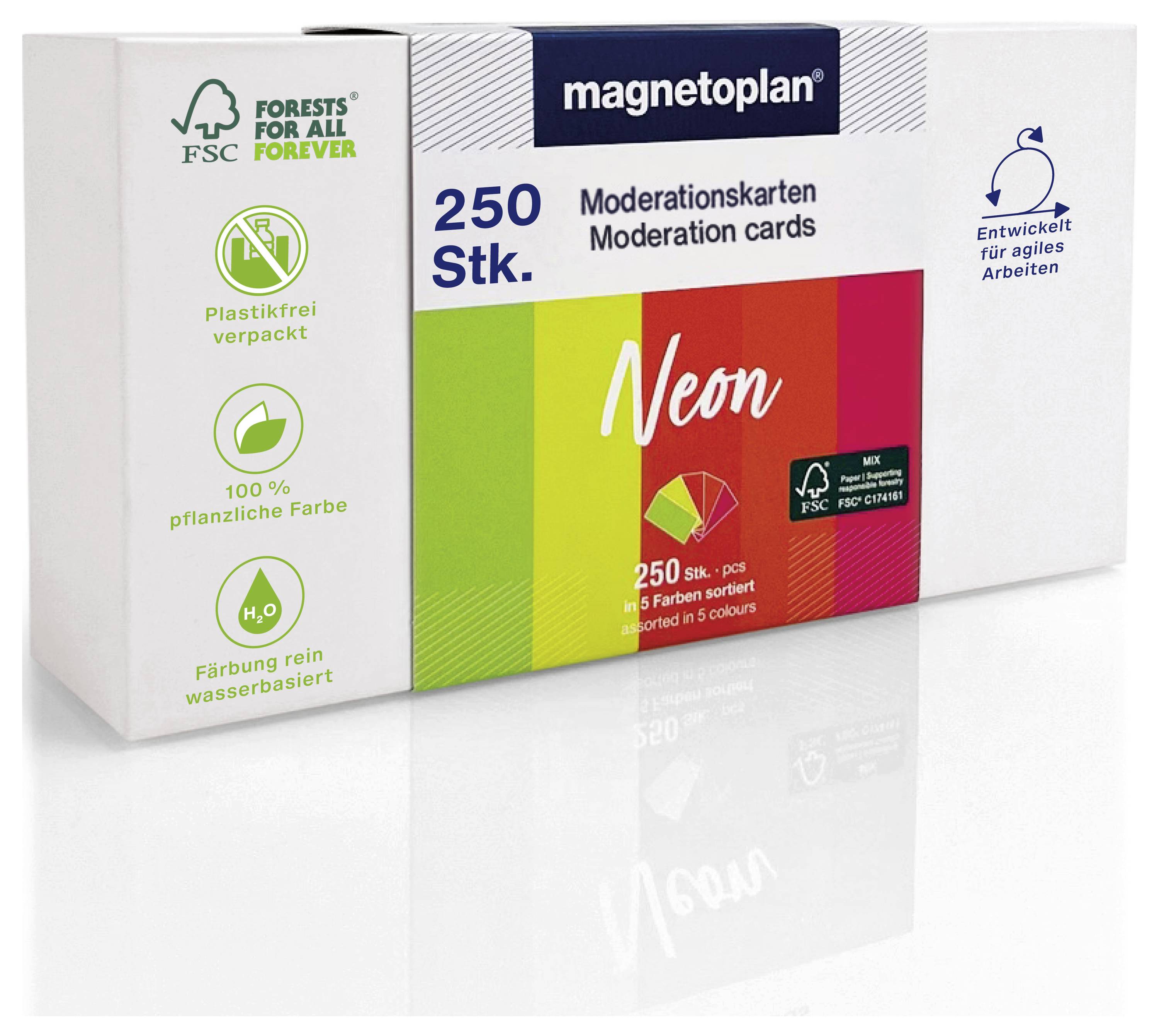 Boîte de cartes de modération néon 'magnetoplan', 250 pièces en 5 couleurs, emballage écologique avec étiquettes FSC et encre végétale.