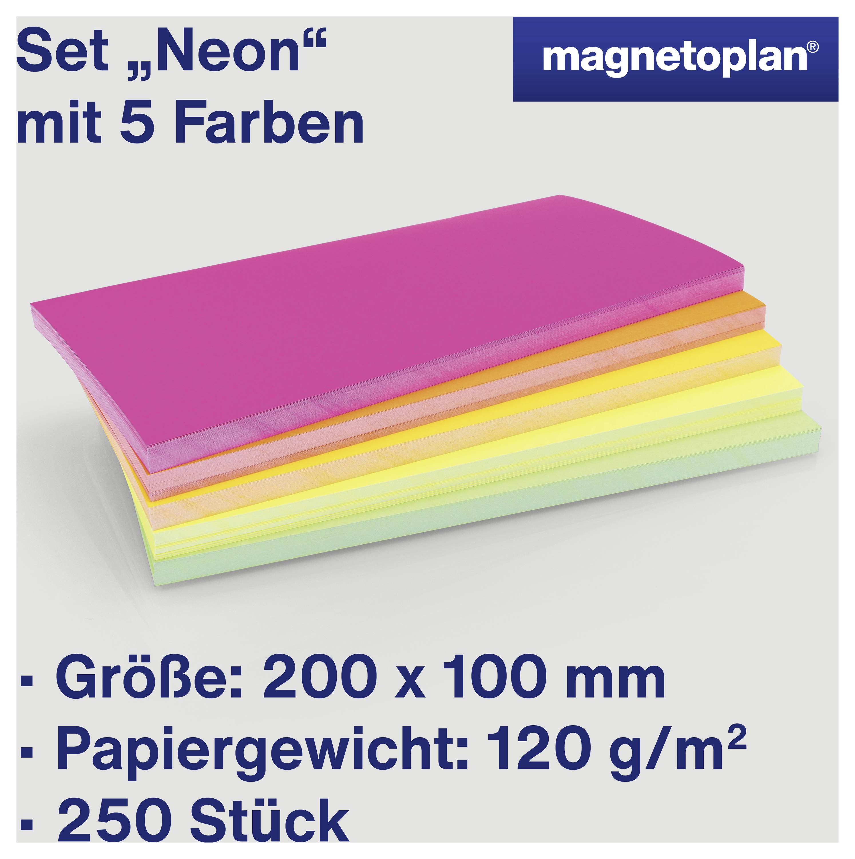 Ensemble de blocs 'Néon' avec 5 couleurs, dimensions : 200 x 100 mm, grammage du papier : 120 g/m², 250 pièces, marque : magnetoplan.