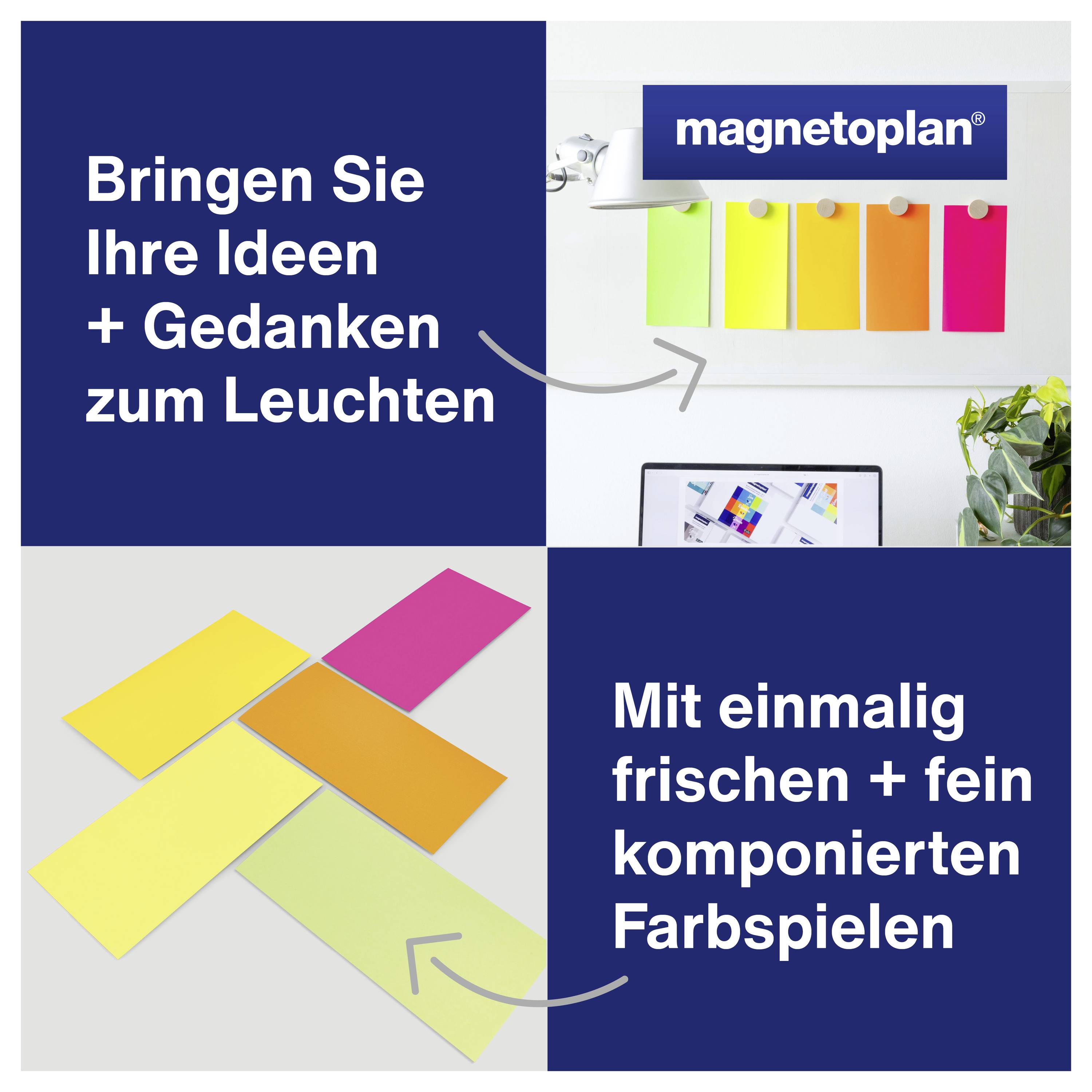 Faites briller vos idées + pensées. Avec des jeux de couleurs uniques et finement composés. » montre des notes adhésives colorées et des couleurs éclatantes.
