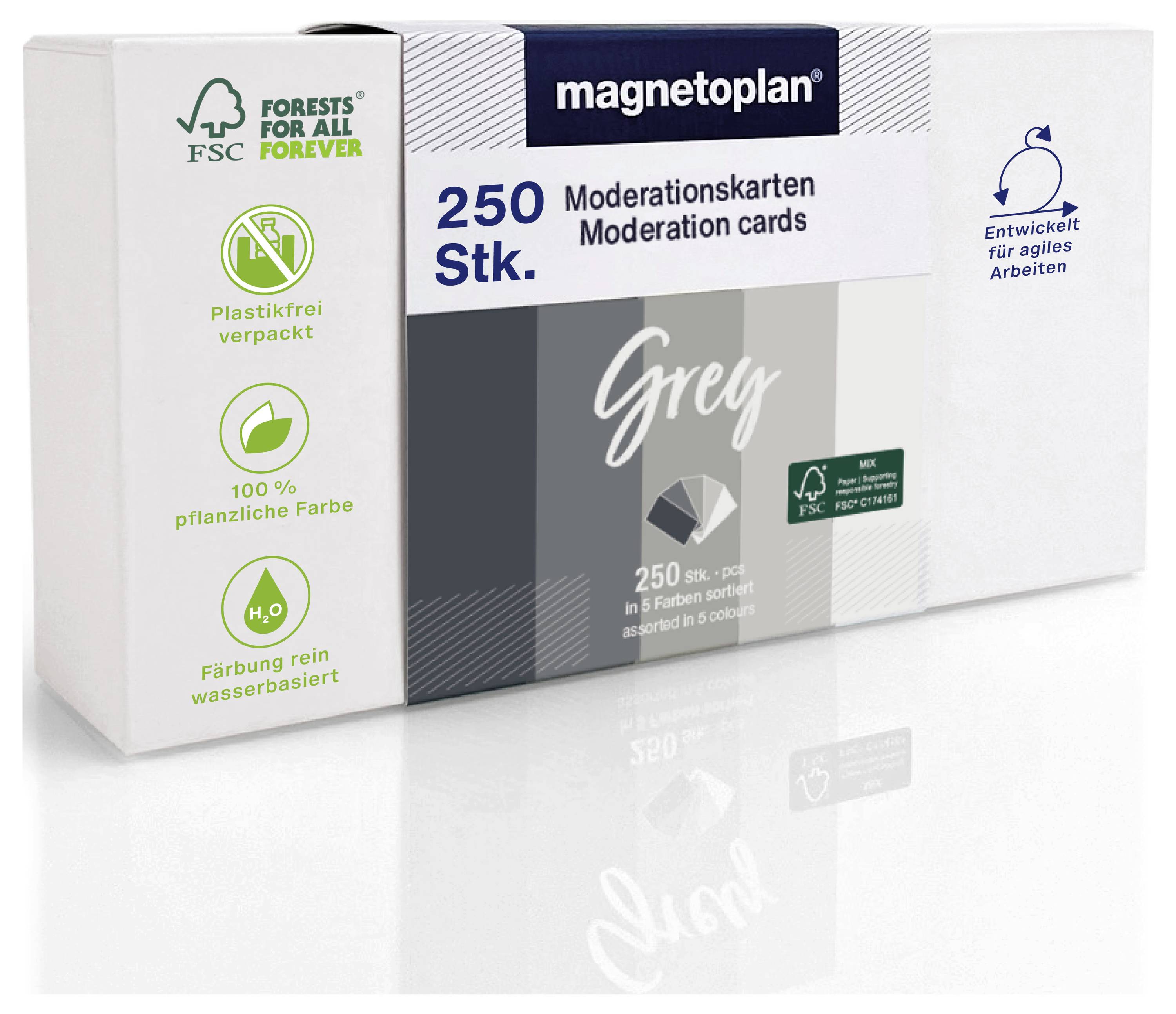 Boîte de cartes de modération 'magnetoplan', 250 pièces, en gris. Caractéristiques comprenant un emballage sans plastique et un encre végétale à base d'eau.