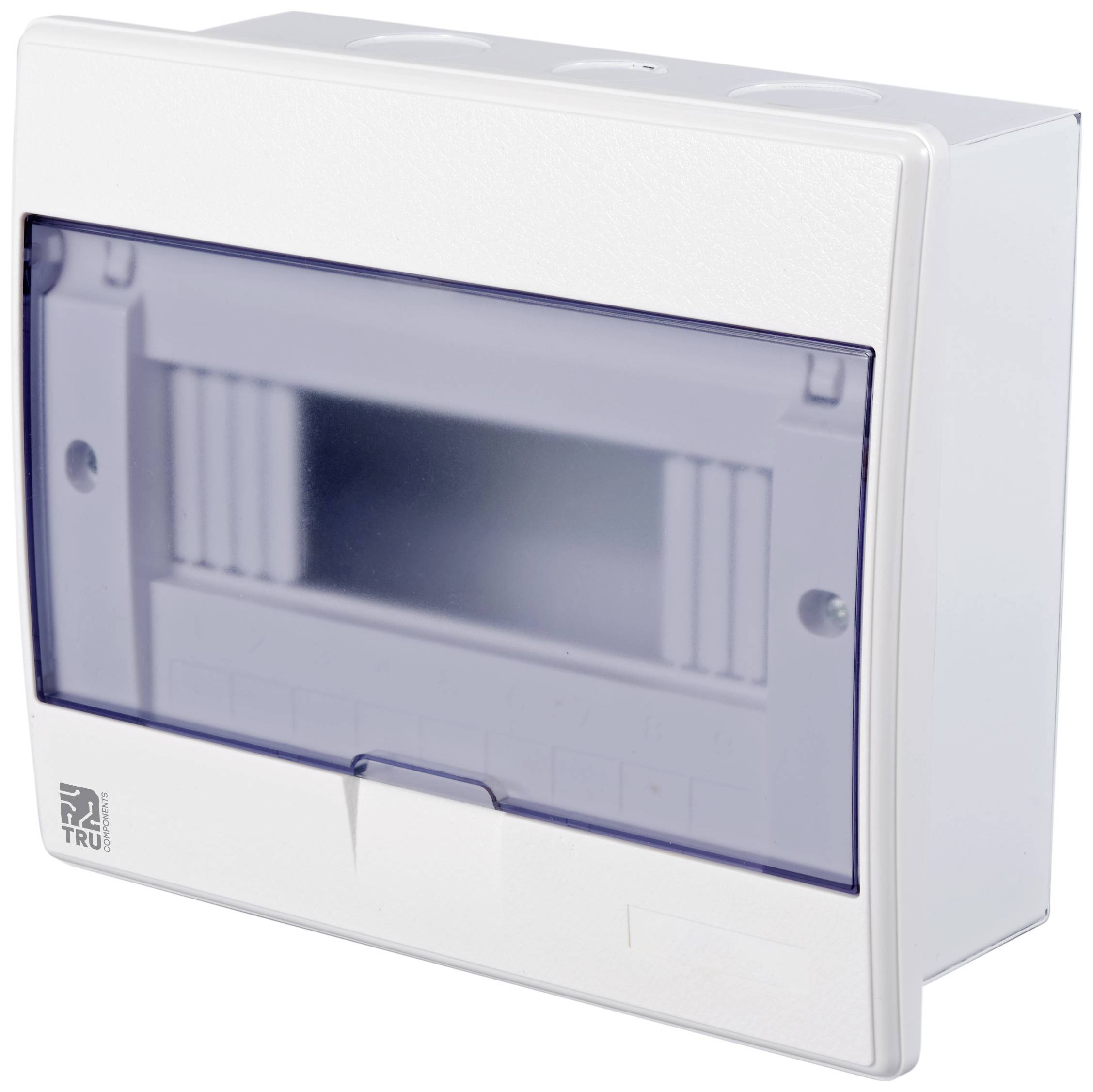 Un boîtier électrique blanc avec un couvercle transparent et des ouvertures latérales pour le montage d'interrupteurs de protection ou de barrettes.