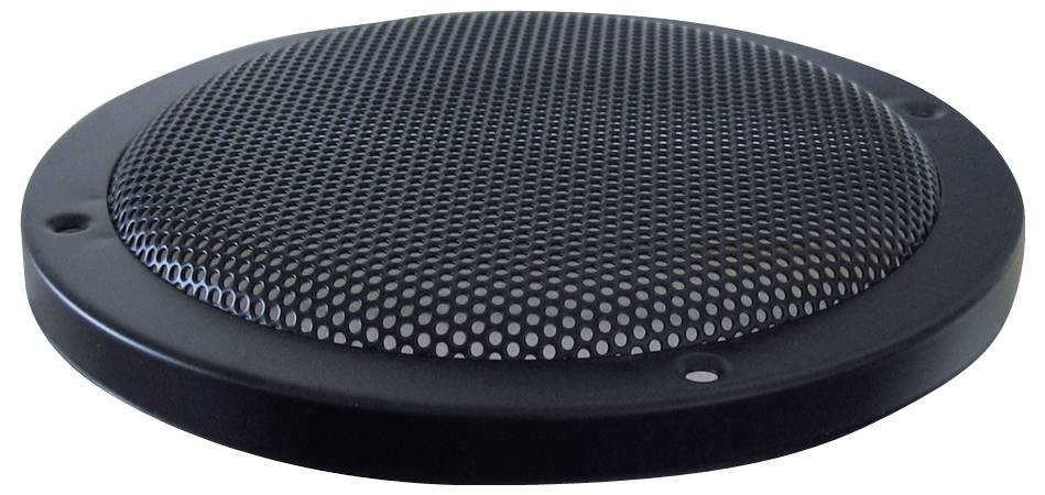 Une grille métallique noire et ronde, probablement un cache d'enceinte, percée de petits trous disposés de manière uniforme.