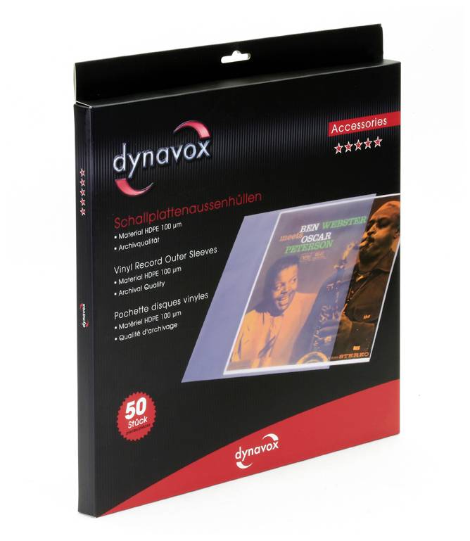 Pochettes de protection pour vinyles Dynavox, lot de 50. Présente une housse de protection pour disques vinyles, avec des informations sur les matériaux et les caractéristiques de qualité.