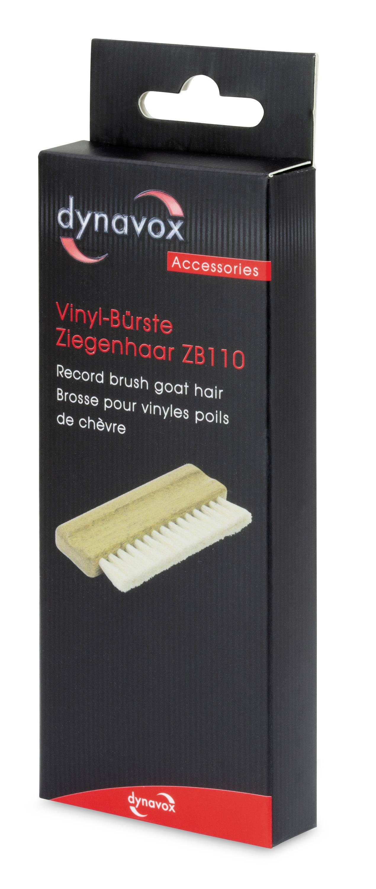 Emballage d'une 'Brosse Vinyle Poils de Chèvre ZB110' de Dynavox, destinée à l'entretien des disques vinyles. Présente le nom du produit et son utilisation.
