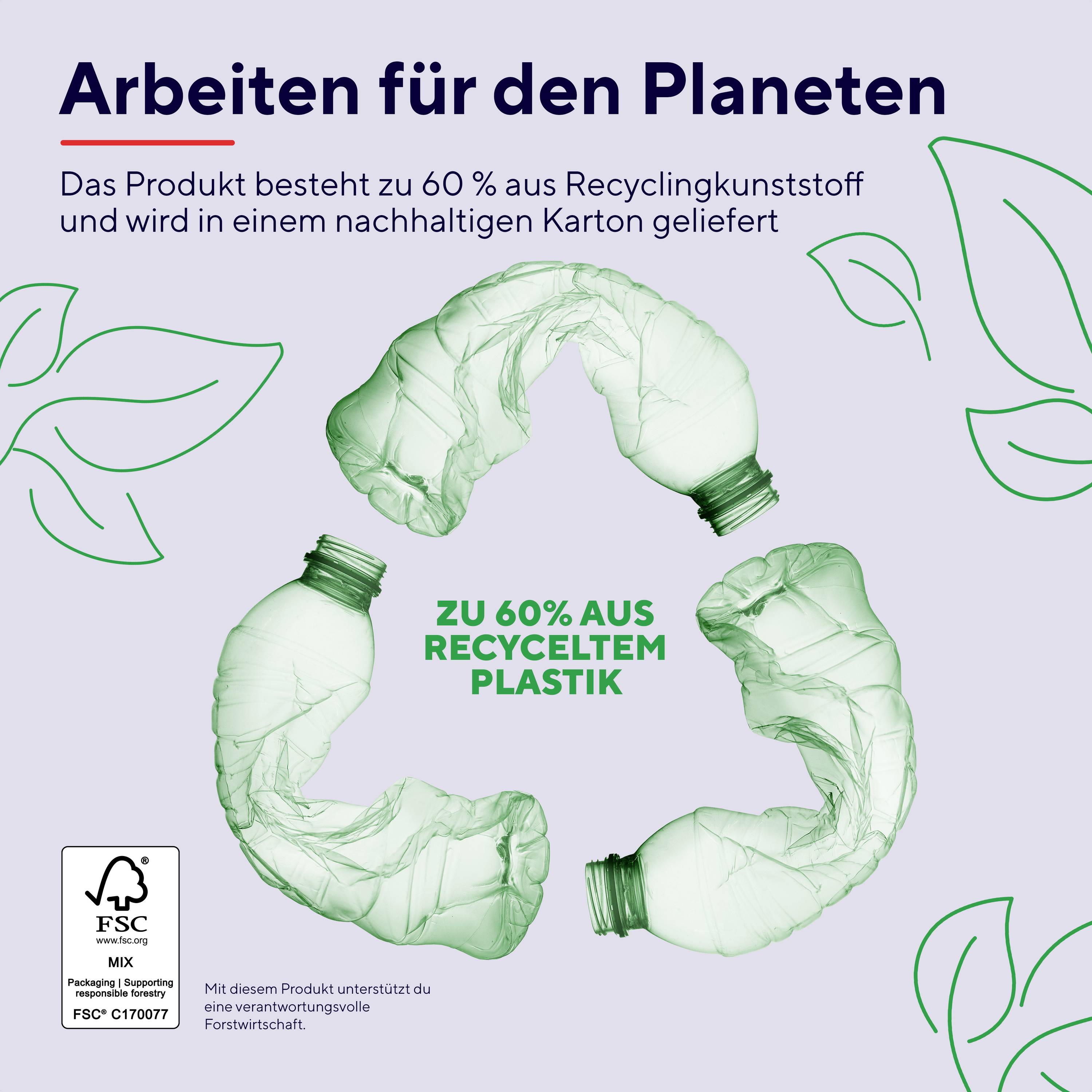 Travailler pour la planète. Le produit est composé à 60% de plastique recyclé et est livré dans des cartons durables.