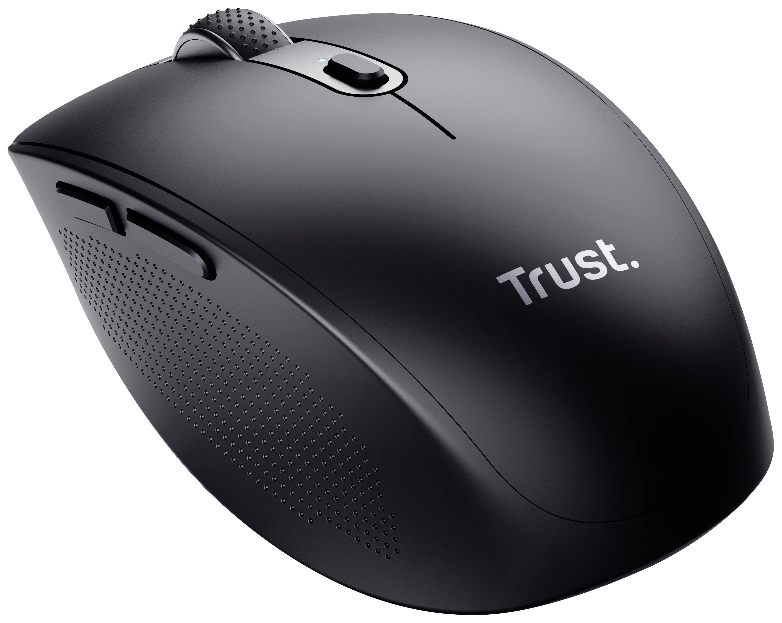 Souris d'ordinateur noire sans fil à deux boutons, avec une molette de défilement et portant l'inscription 'Trust'.