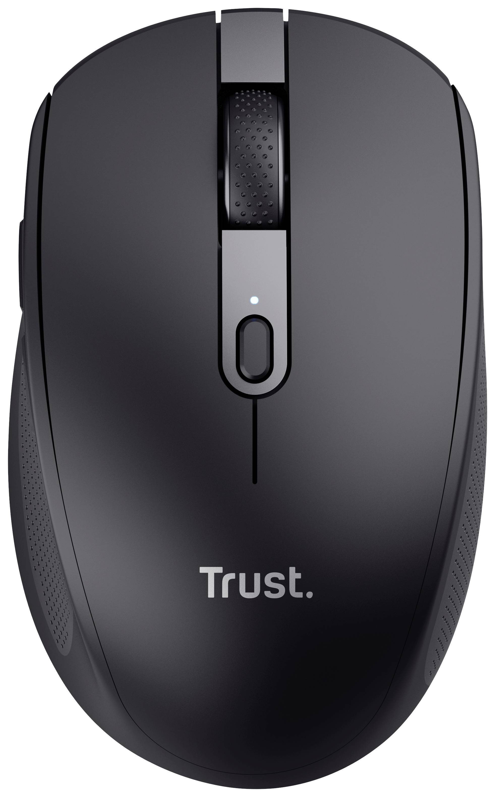 Souris sans fil noire avec molette de défilement et bouton, portant la marque 'Trust' sur sa surface.