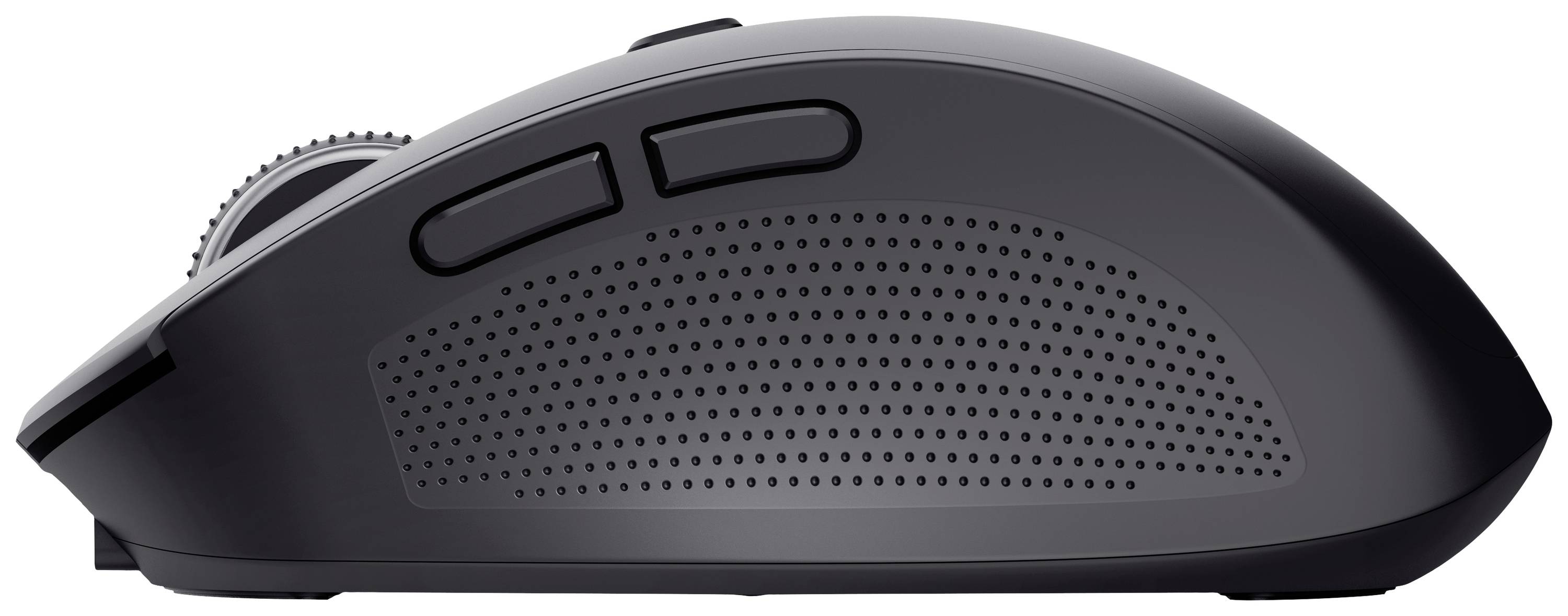 Souris d'ordinateur sans fil ergonomique vue de côté. La souris est noire avec une surface de préhension texturée et deux boutons latéraux.