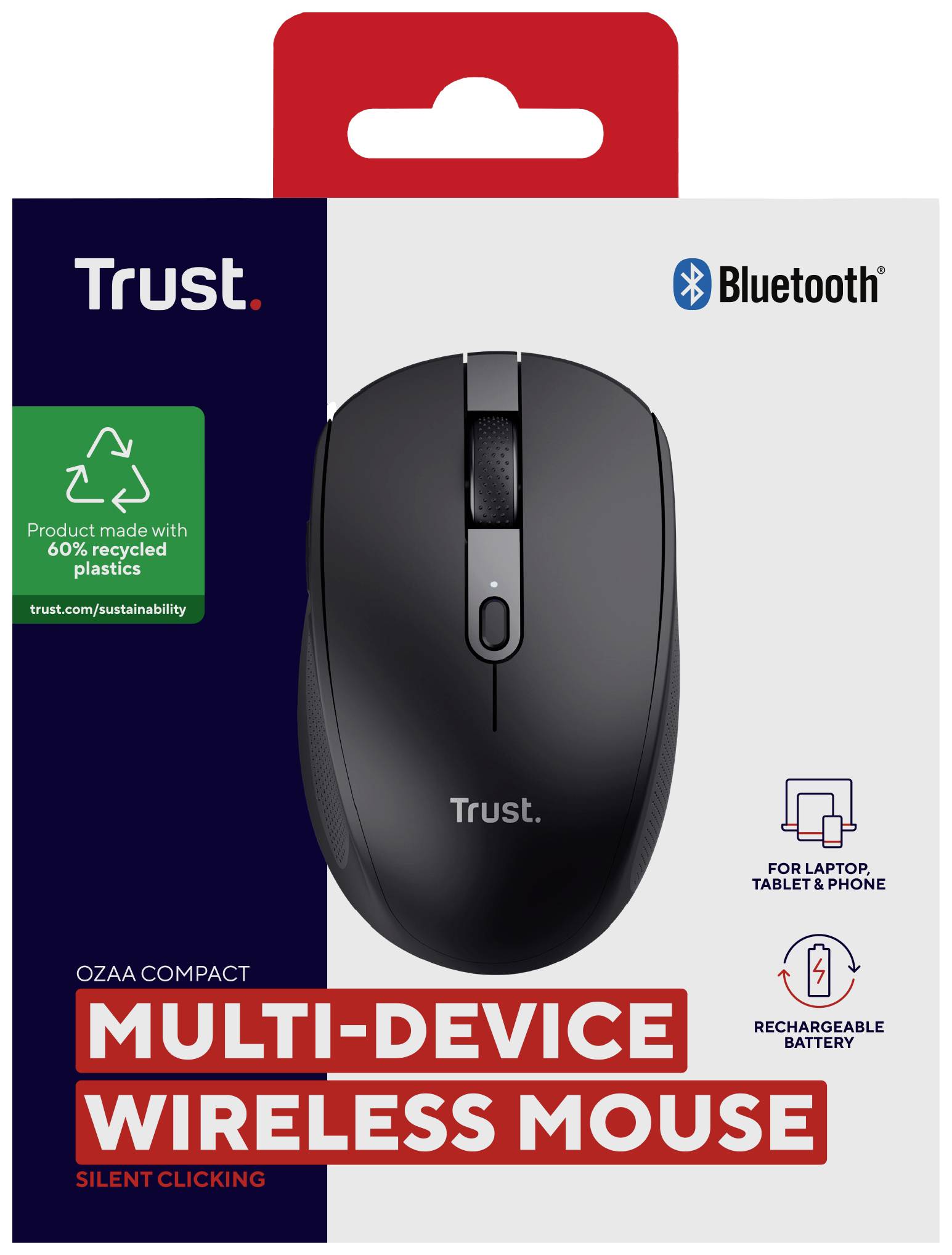 Une souris Trust sans fil avec Bluetooth, adaptée aux ordinateurs portables, tablettes et smartphones. Fabriquée à partir de 60% de plastique recyclé, avec des clics silencieux.