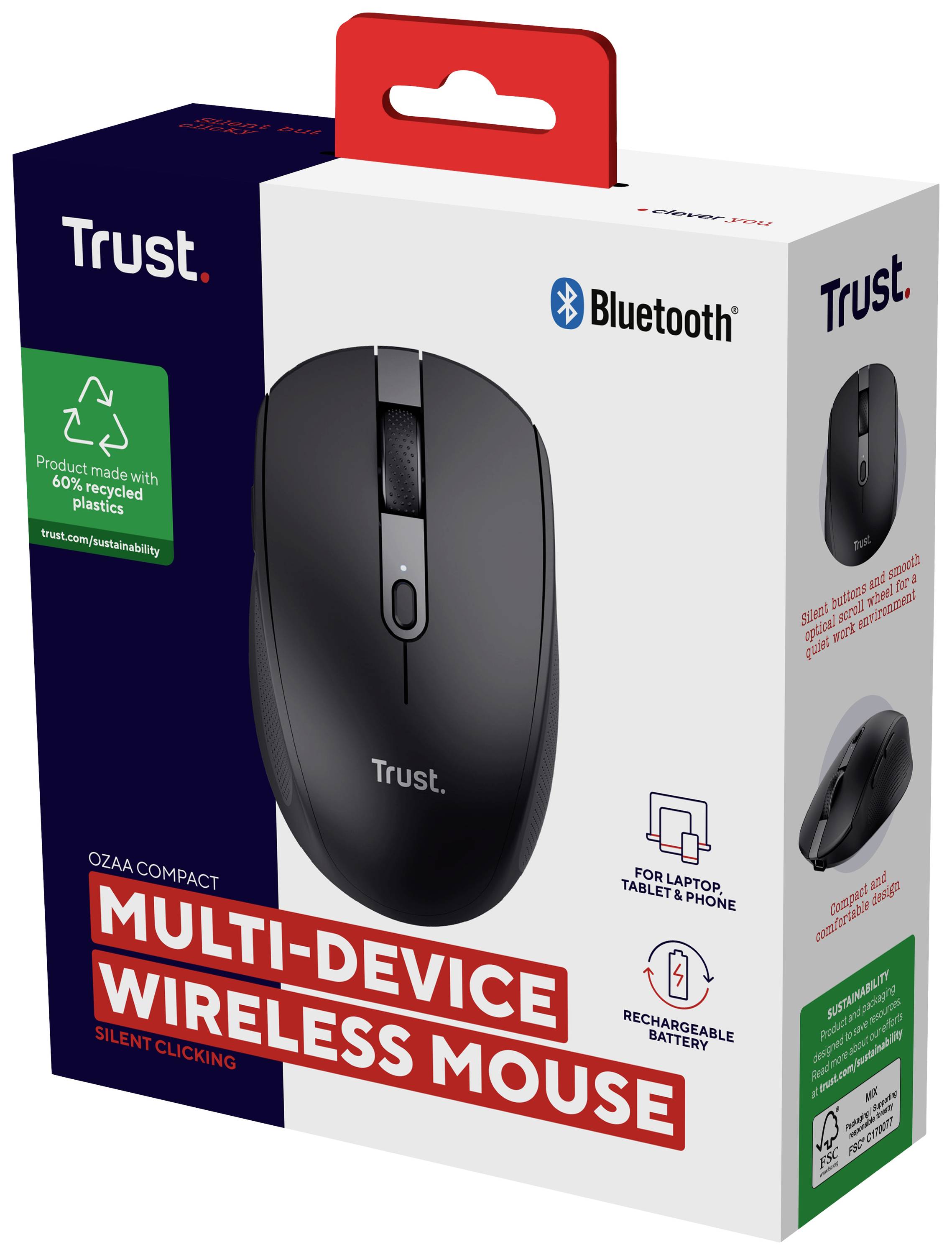 Emballage d'une souris Bluetooth sans fil de Trust, adaptée aux ordinateurs portables, tablettes et smartphones, rechargeable, avec des clics silencieux.