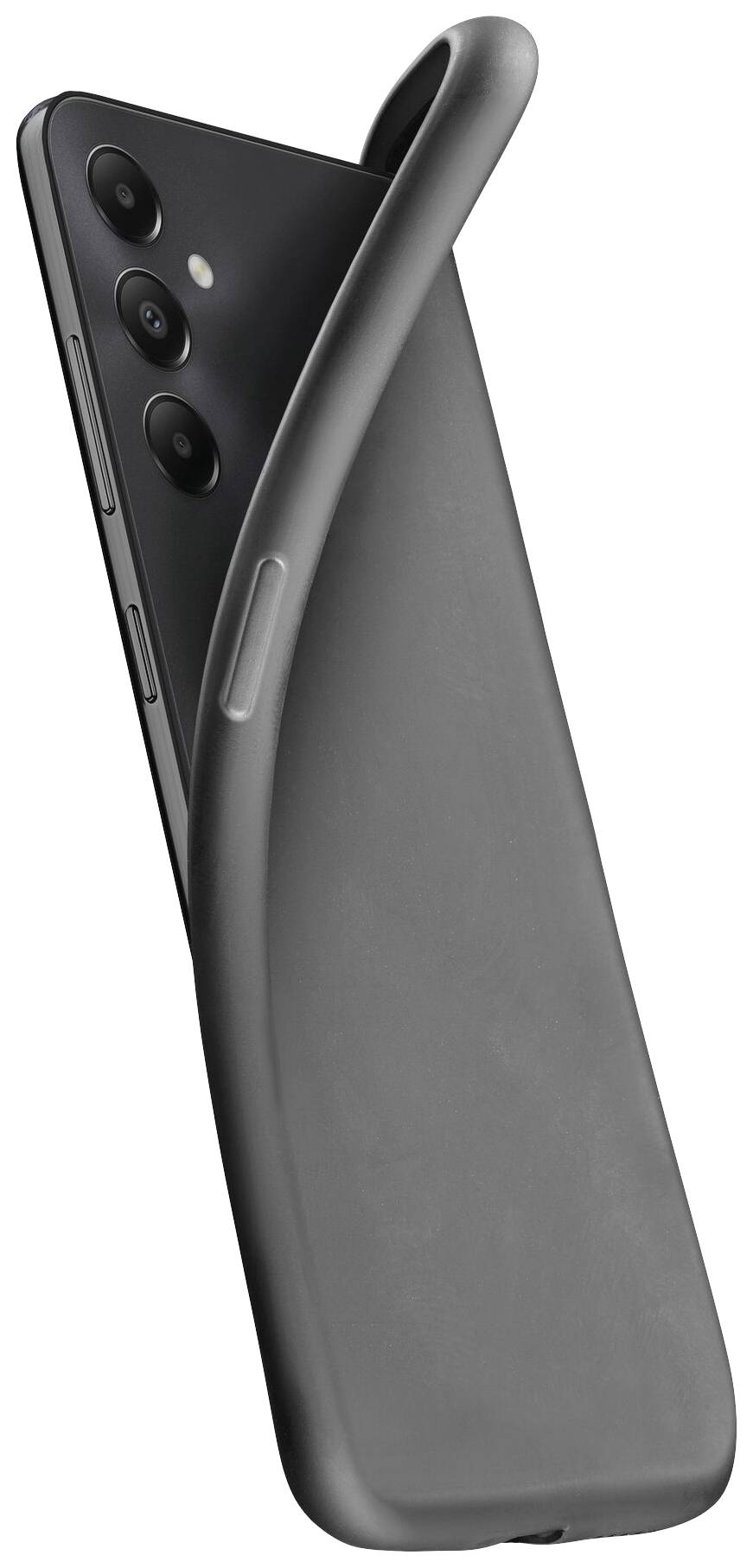 Un smartphone noir avec trois objectifs de caméra dans un étui noir. L'étui est partiellement installé sur l'appareil.