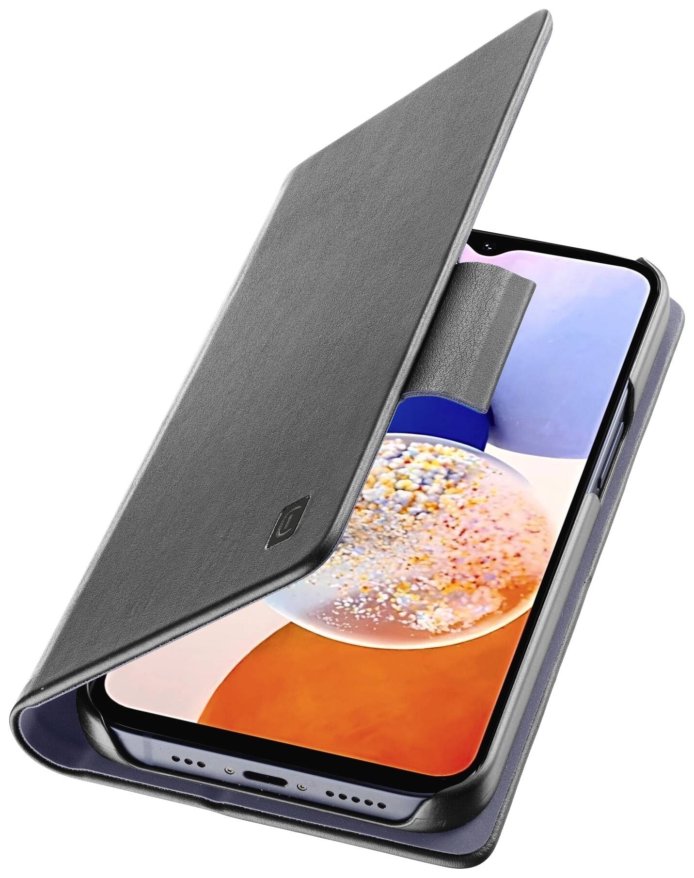 Smartphone dans un étui noir avec un couvercle frontal rabattable, à moitié ouvert. L'appareil affiche un écran coloré avec des motifs abstraits.