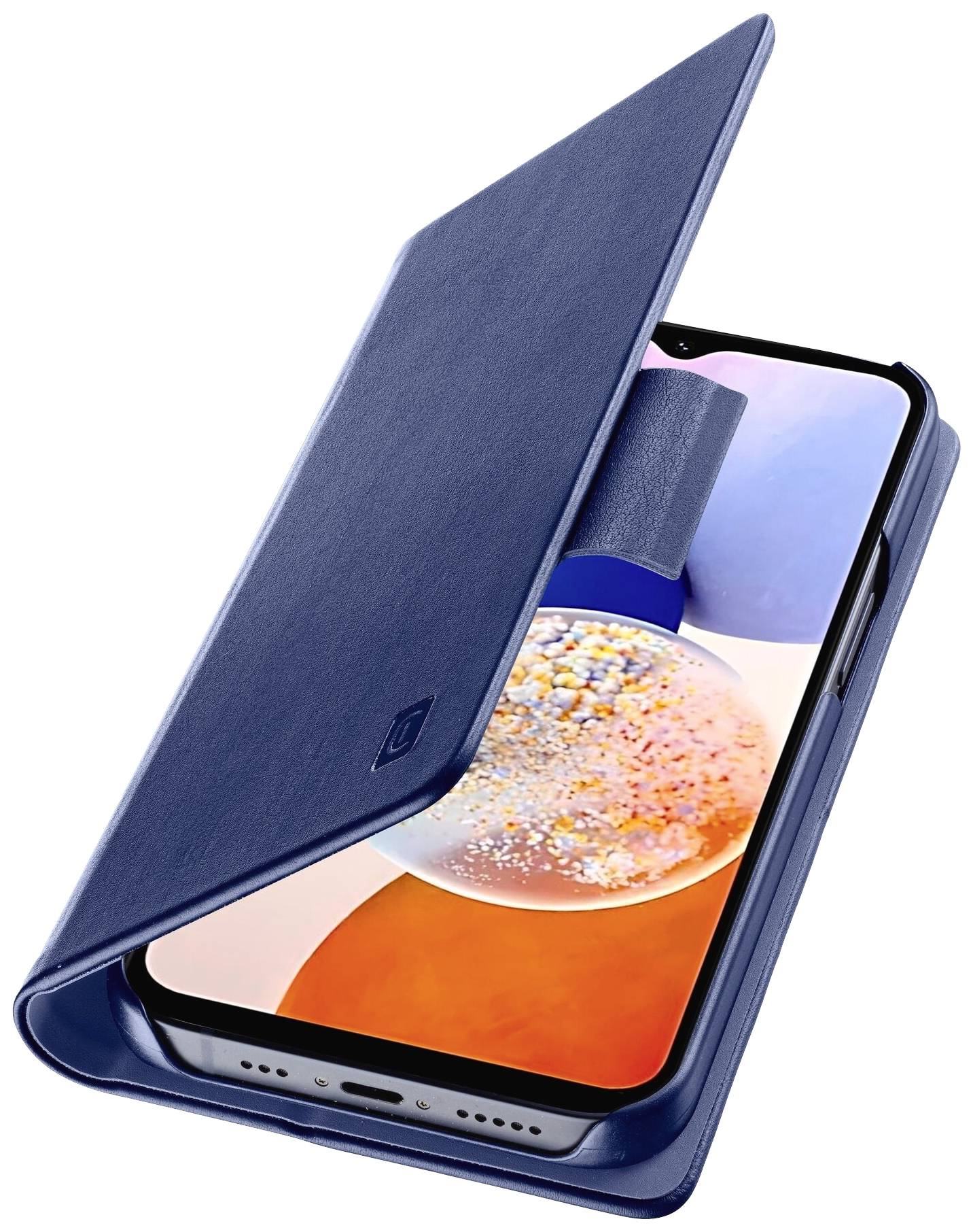Un smartphone avec un étui de protection bleu, affichant un écran. L'étui est légèrement ouvert et protège l'appareil.