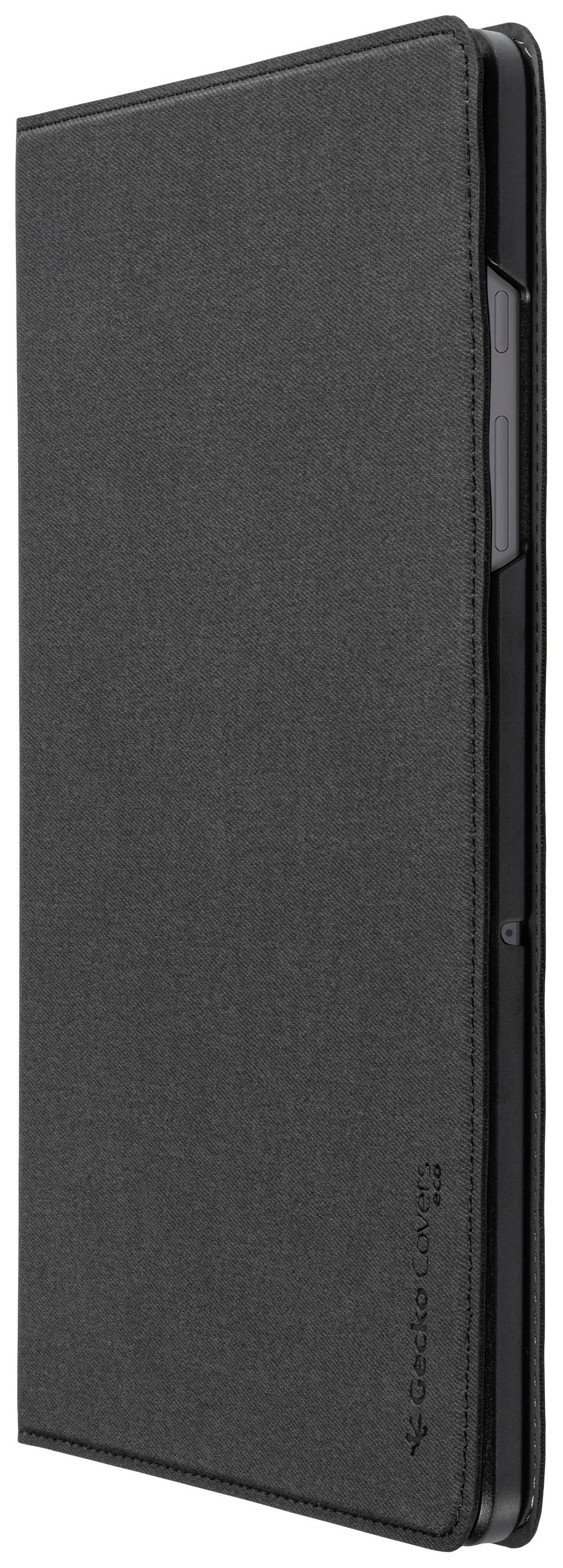 Étui pour tablette noir en tissu, fermé et debout, protège l'appareil, design épuré.