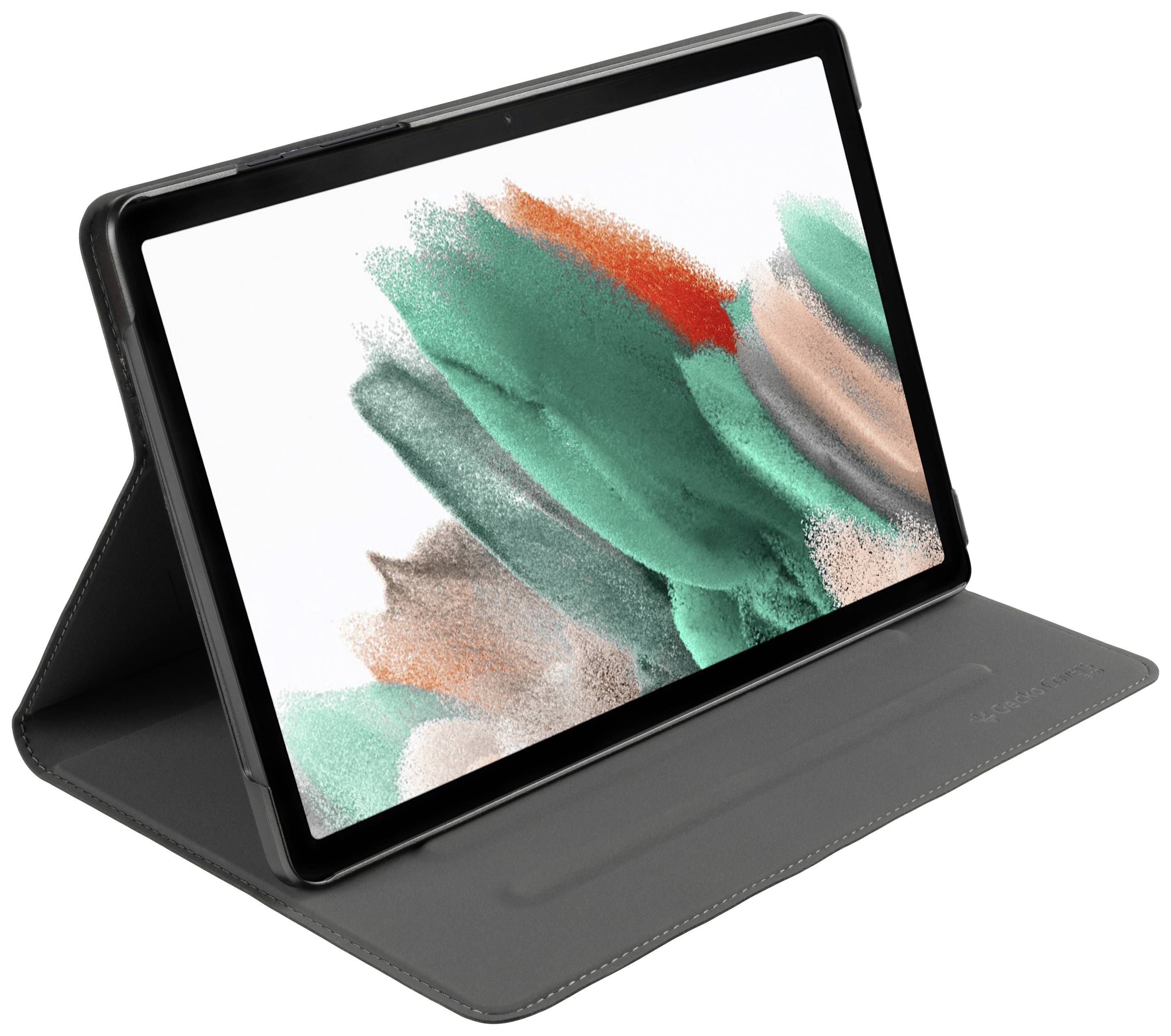 Une tablette dans un étui protecteur affiche une image abstraite aux tons de vert, d'orange et de beige sur son écran.