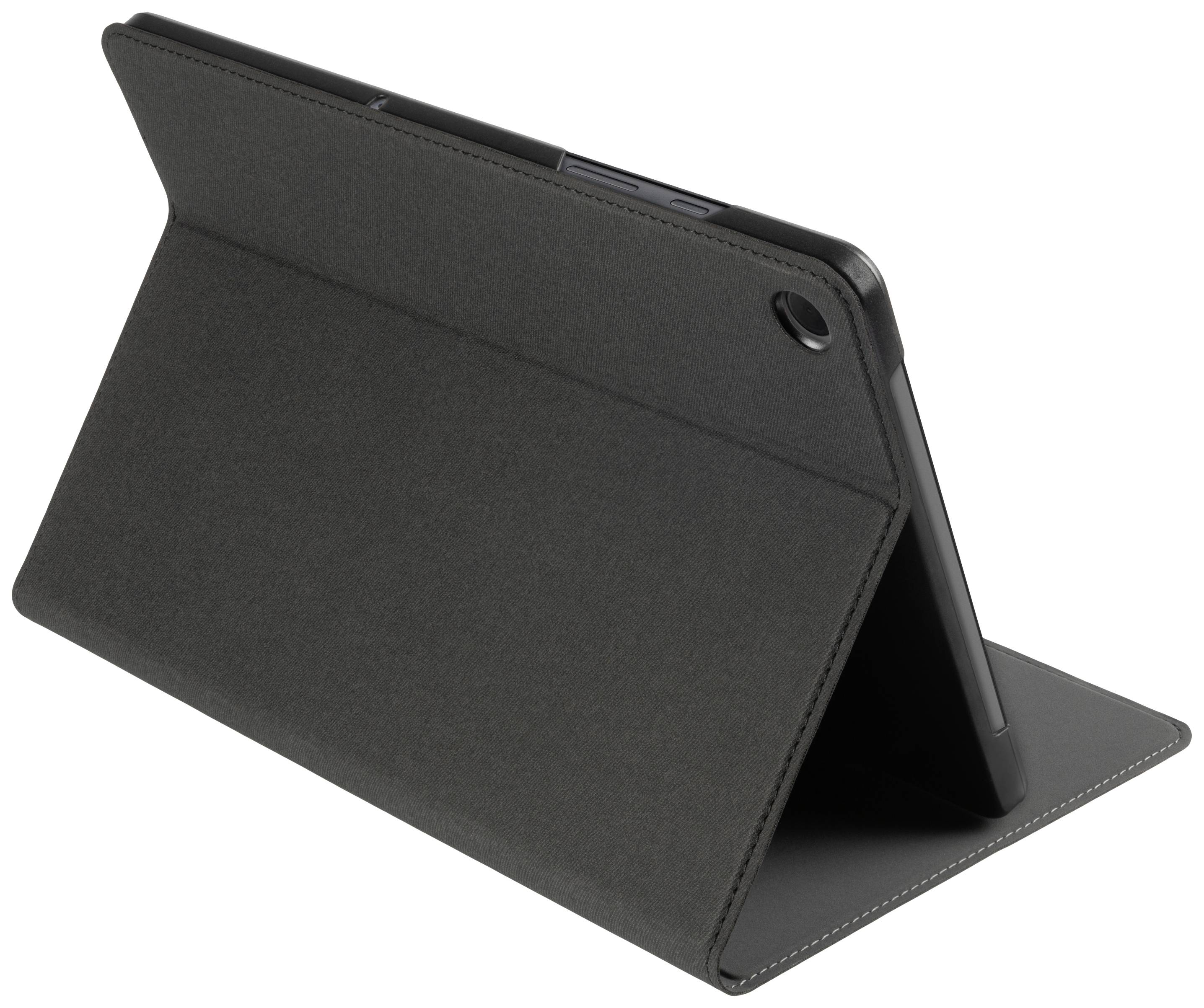 Une housse de tablette noire est ouverte, maintenant la tablette dans un angle vertical.